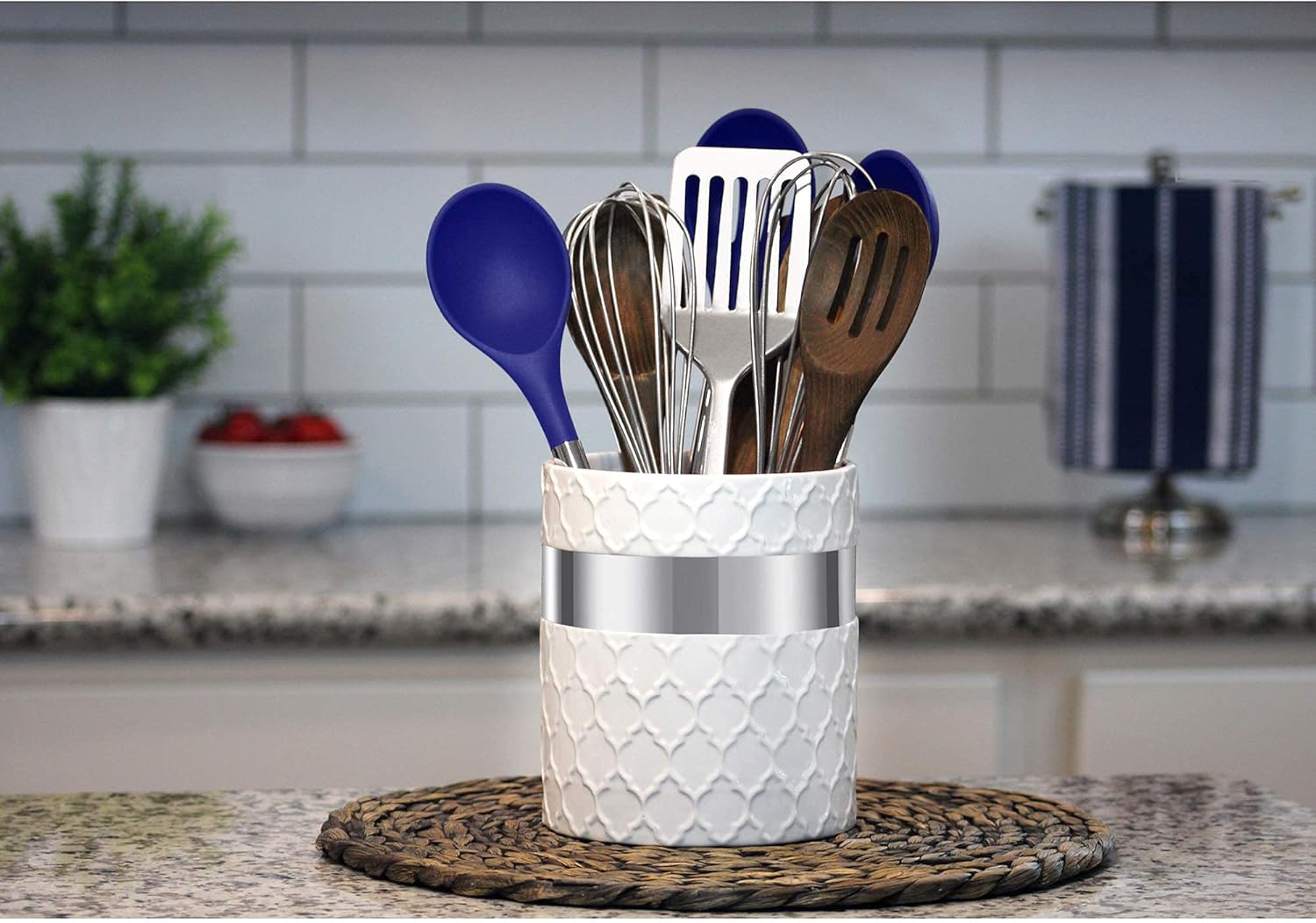 Home Acre Designs Kitchen Utensil Holder - Large Ceramic Farmhouse Countertop Crock, White/Silver : Home & Kitchen
