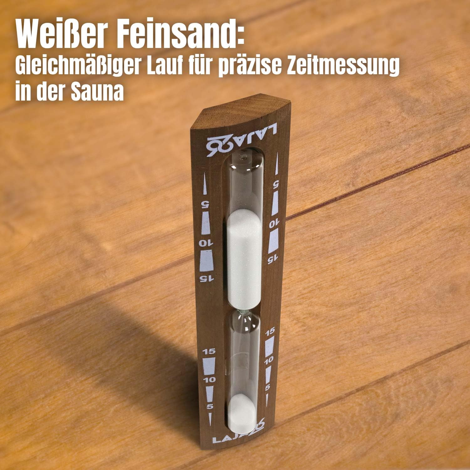 LaJa26 Sauna Sanduhr "Konkav" weißer Sand - FSC Espenholz - Drehgestell aus Holz zur Montage an der Wand - Beständig gegen Wärme und Luftfeuchtigkeit - Fertig montiert - Handarbeit Made in Europe