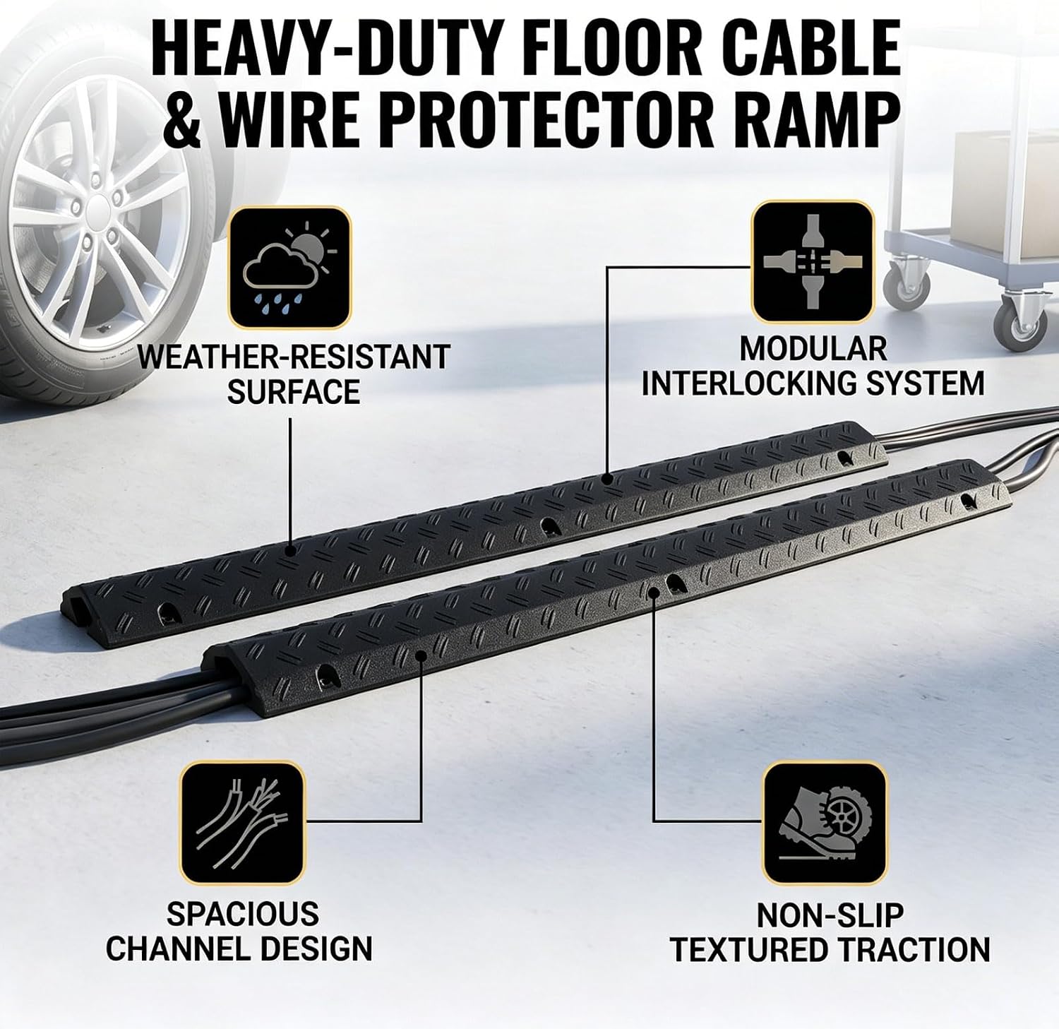 Fafeicy Heavy Duty Cable Protector, Non Slip Safety Modular Interlocking Ramp, 1000mm Length Rubber Floor Cord Cover for Walkways Driveways Garages