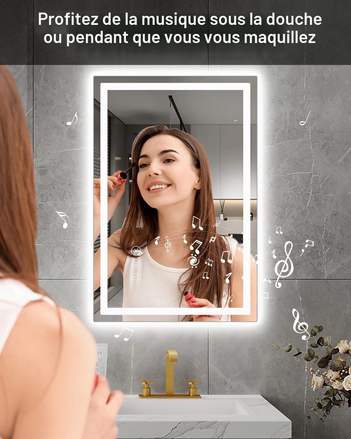 Miroir de salle de bain, LED, 40 x 60 cm, avec éclairage et interrupteur tactile Bluetooth, à intensité variable, couleur de la lumière 3 températures de couleur, anti-buée, avec lumière