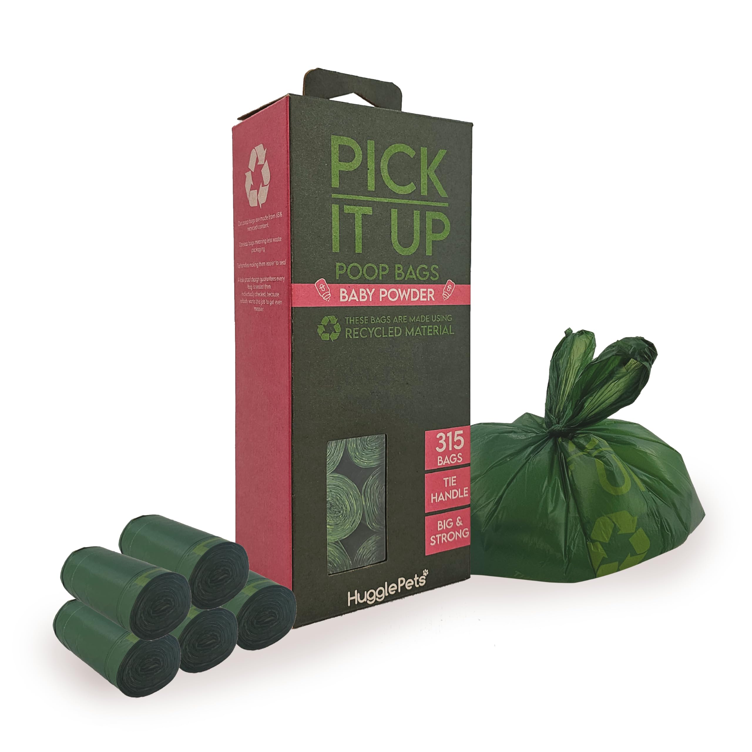 HugglePets Large Tie Handle Dog Poo Bags Rolls - 21 x 15 Bags, Total 315. 'Pick It Up' Baby Powder Scented Dog Poop Bags Rolls 65% Recycled Green Pet Waste Holders