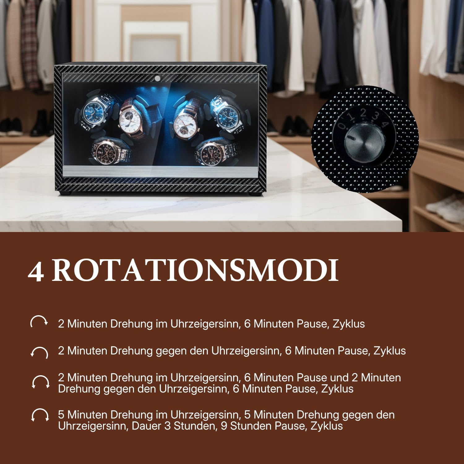 Mcbazel Automatischer Uhrenbeweger für 6 Uhren mit LED-Licht, Ultra-Leiser Motor 4 Rotationsmodi Watch Winder USB DC Betrieben, Geeignet für Uhren bis 45 mm - Carbonfaser-Muster