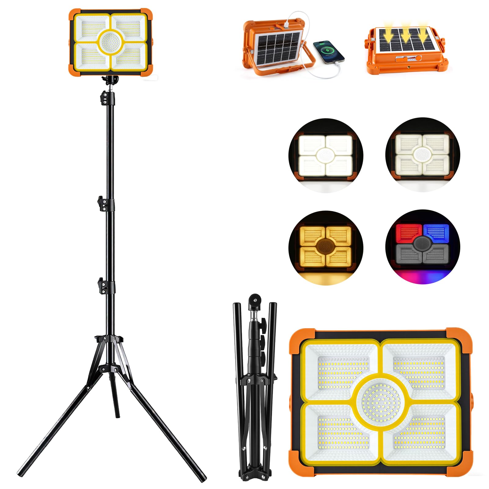 Lampe de camping rechargeable avec trépied, lampe de travail solaire portable 12 000 mAh, lampe de travail LED sans fil 12 000 lm avec 5 modes, étanche, équipement de camping, réparation de voiture