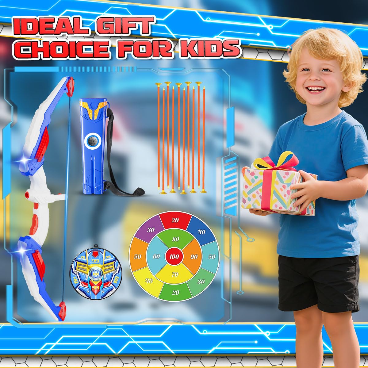 Kids Bow and Arrow Set, LED Light Up Archery Toy Set with 10 Suction Cup Arrows, 2 Target & Quiver, Indoor and Outdoor Toys Sport Gifts for Kids, Boys & Girls Ages 5 6 7 8 9 10 11 12