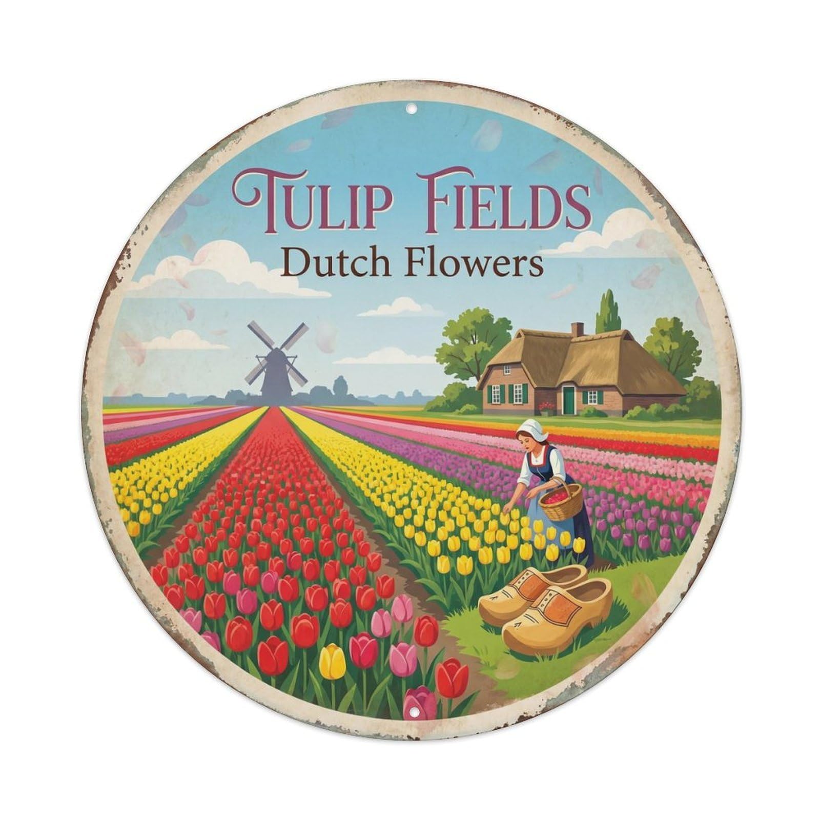 Vintage Travel Tulip Fields Countryside Metal Tin Sign Plaque Wall Decor for Cafe, Club, Garden Round Metal Poster 8x8Inch