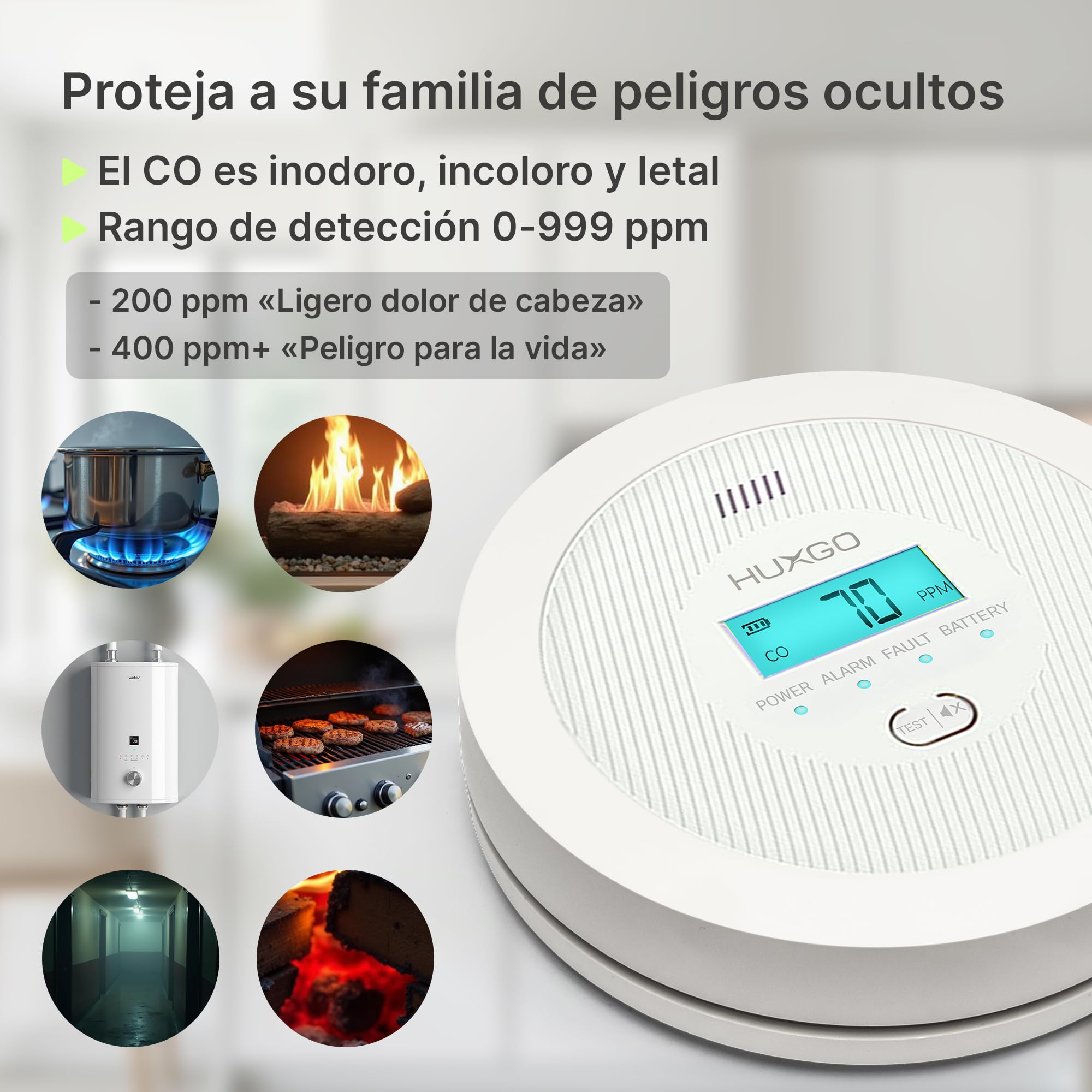 Detector Monoxido de Carbono HXAC01 | Sensor CO de Alta Precisión, Pantalla LCD Retroiluminada | Alarma de CO a Pilas para el Hogar