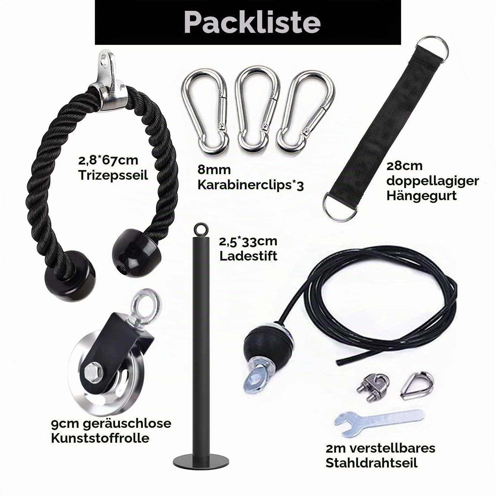 Kabelzug Fitness Set für Zuhause, Seilzug Fitness Trainingsgerät mit Trizepsseil, 9 cm Aluminium-Umlenkrolle, 2 m Stahlseil und Loading Pin für Latzug, Bizeps, Trizeps und Oberkörpertraining