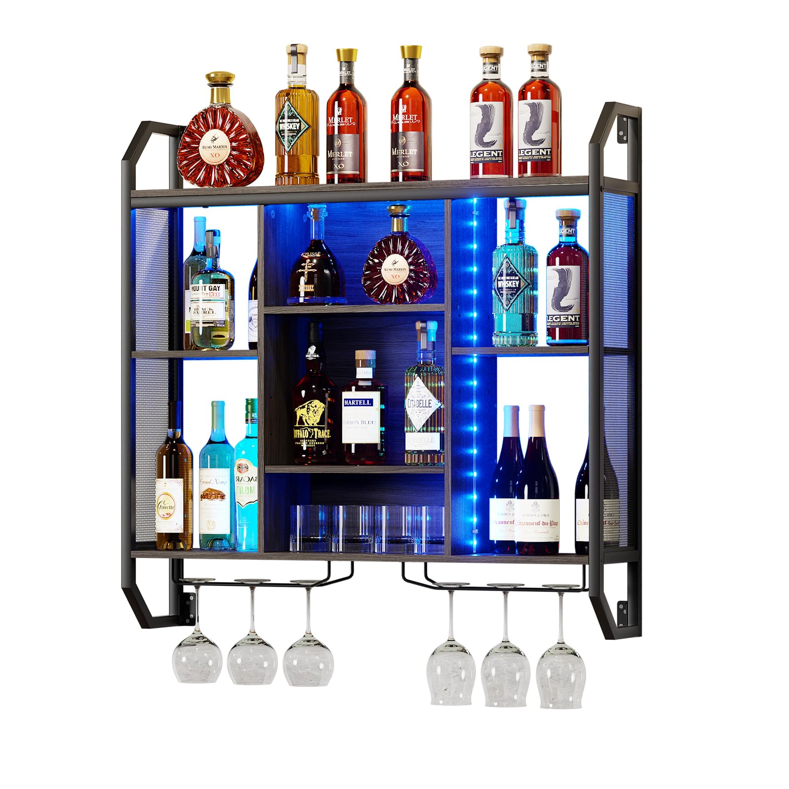 Botellero montado en la Pared con luz LED 90CM Botellero de Metal para la Pared con Portavasos Estante de Vino Montado en la Pared Estante de Almacenamiento Estantes flotantes con balda Regulable