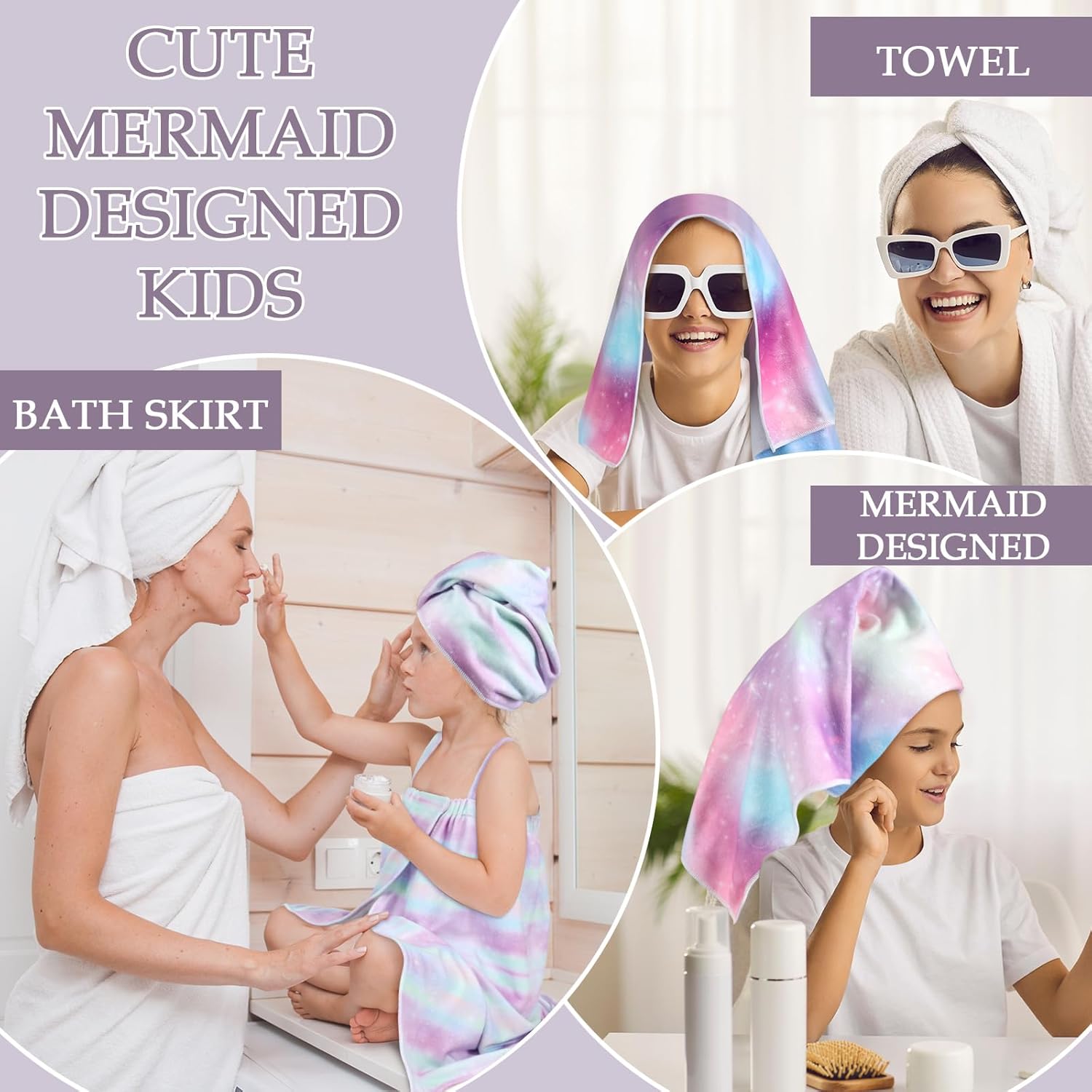 SmoothNovelty 2 Sets Girls Towel Wrap Hair Towel Wrap for Kids with Soft Bath Body Dress Cute Adjustable Bathrobe with Turbans for 3.9-4.9 ft Kids Girls Wet Hair Rapid Drying(Rainbow Style)