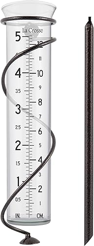 La Crosse 704-08967-INT - Medidor de lluvia en espiral con acabado de metal colombiano original hecho a mano con tubo de jardín de lluvia de vidrio