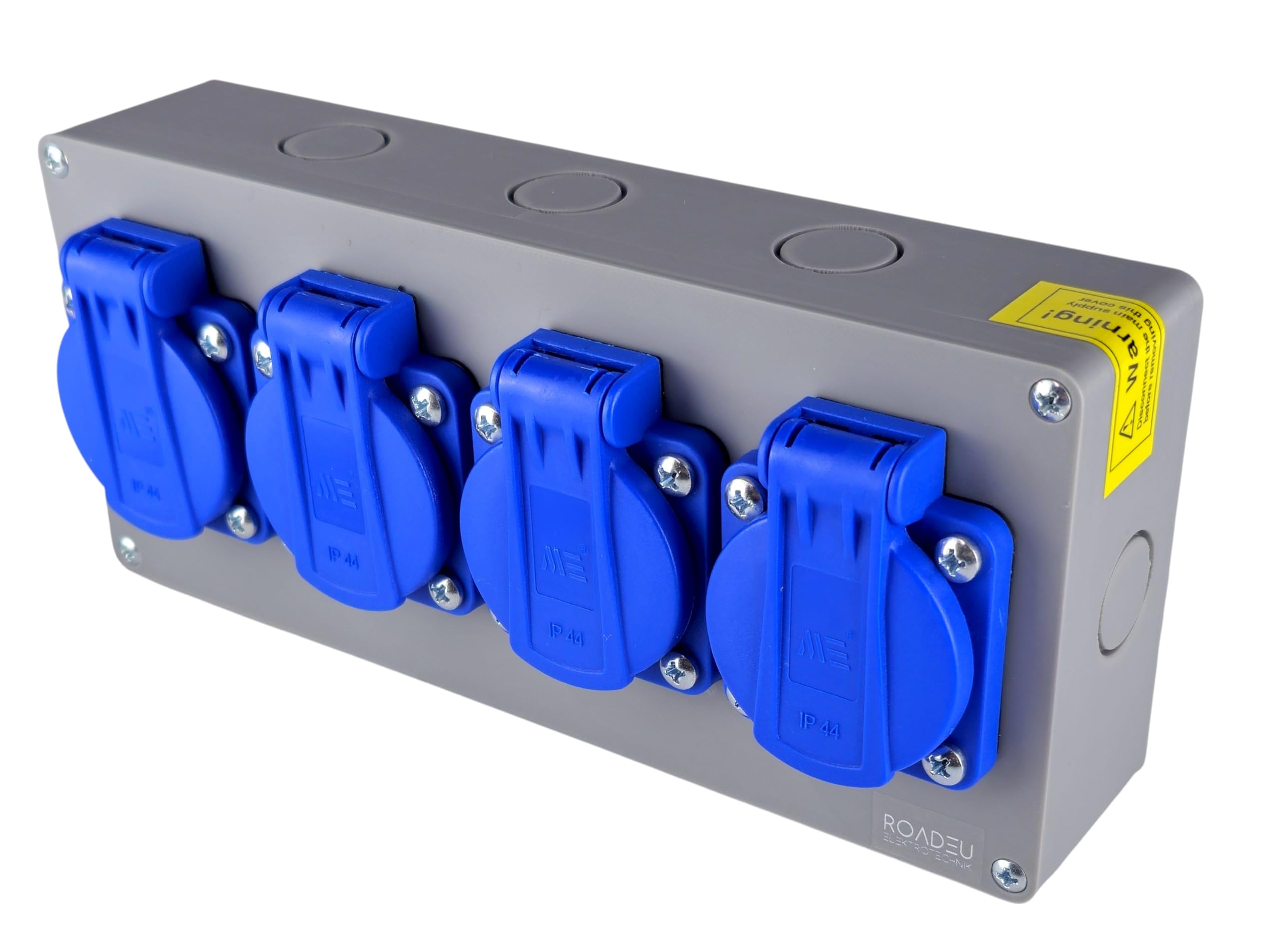 RoadEu Bloc Multiprise IP44 Saillie | 4 Prises Françaises 2P+T 230V/16A | Boîtier de Distribution Pré-câblé avec Presse-étoupe PG13,5 | Répartiteur de Chantier pour Garage, Atelier & Extérieur Couvert