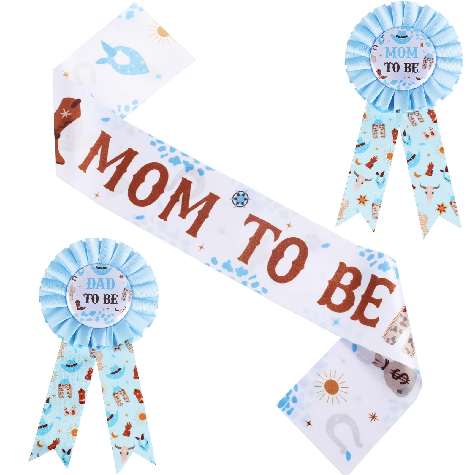 JOYMEMO Blue Brown Western Cowboy Baby Shower Decorations for Boy, Mom to Be Dad to Be Tinplate Badge Pins, Mom to Be Sash for Daddy and Mommy Cowboy