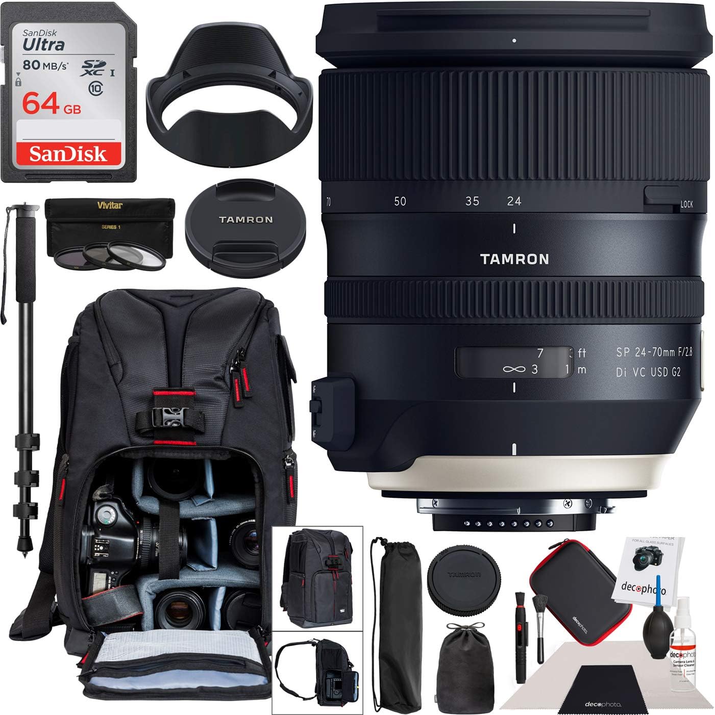 Tamron SP 24-70mm f/2.8 Di VC USD G2 Lens for Canon EF Mount AFA032C-700 with 82mm Deluxe Filter Kit and Deco Gear Photography Backpack Pro Bundle