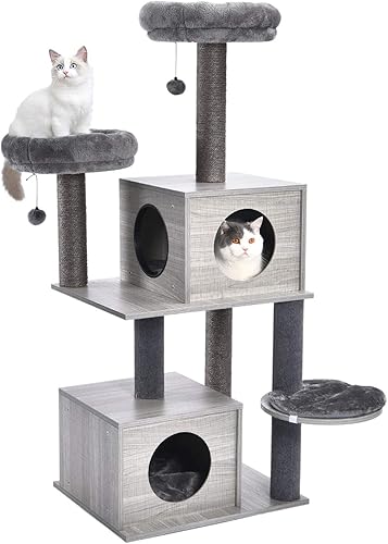 PAWZ Road Árbol para gatos todo en uno de 57 pulgadas con acogedor condominio totalmente rascador hamaca percha elevada escalera de Ram y bolas