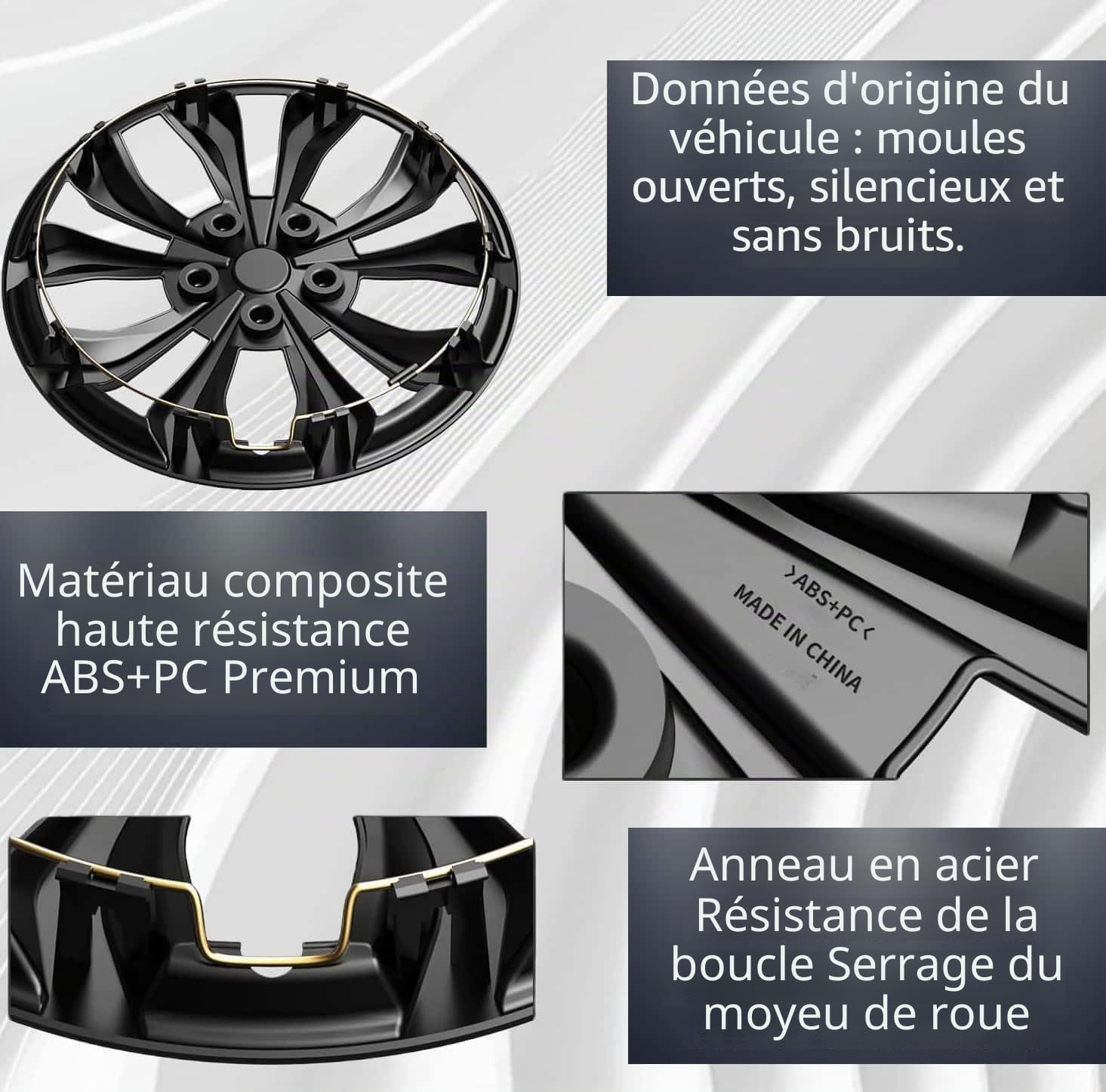 Lot de 4 enjoliveurs universels compatibles avec jantes en acier, design Snap-On (noir, 17")