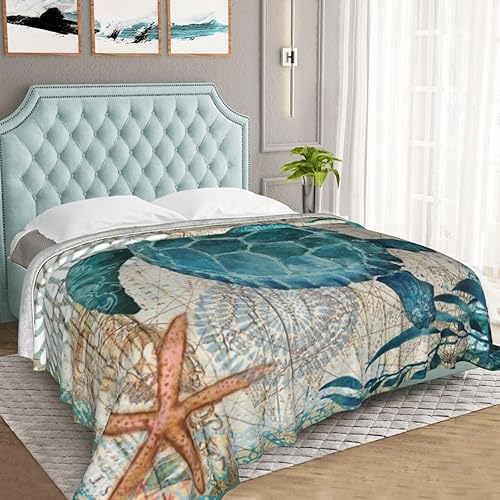 Miniatura 6 de Manta de felpa con aire acondicionado, diseño vintage de tortuga oceánica y estrellas de mar, mapa del mundo, ultra suave, acogedora, para cama,