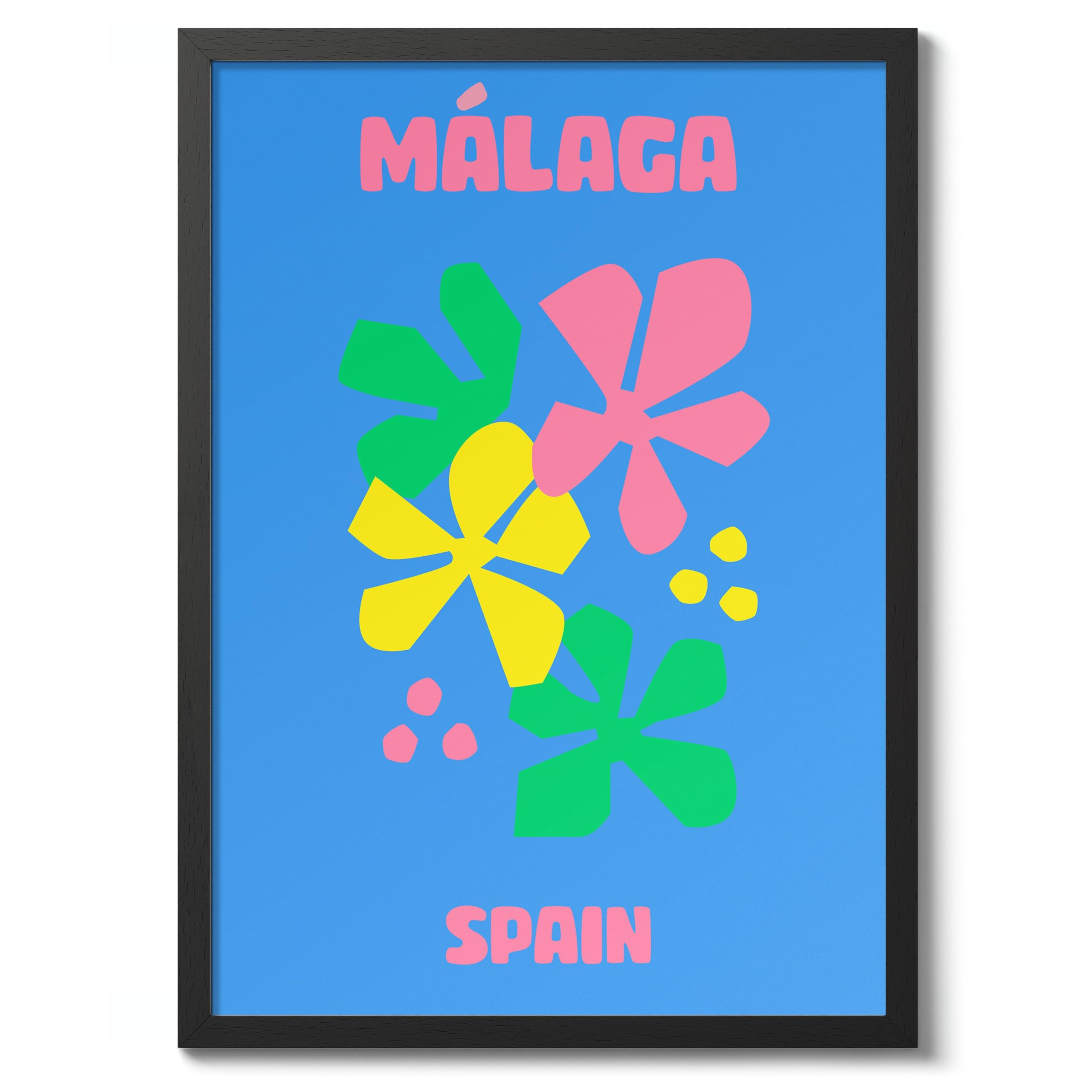 Malaga Travel Poster, Colourful Abstract Preppy Minimalist Room Decor Wall Art Print, Archival Matte, A4 (Black Frame) - 29.7x21cm