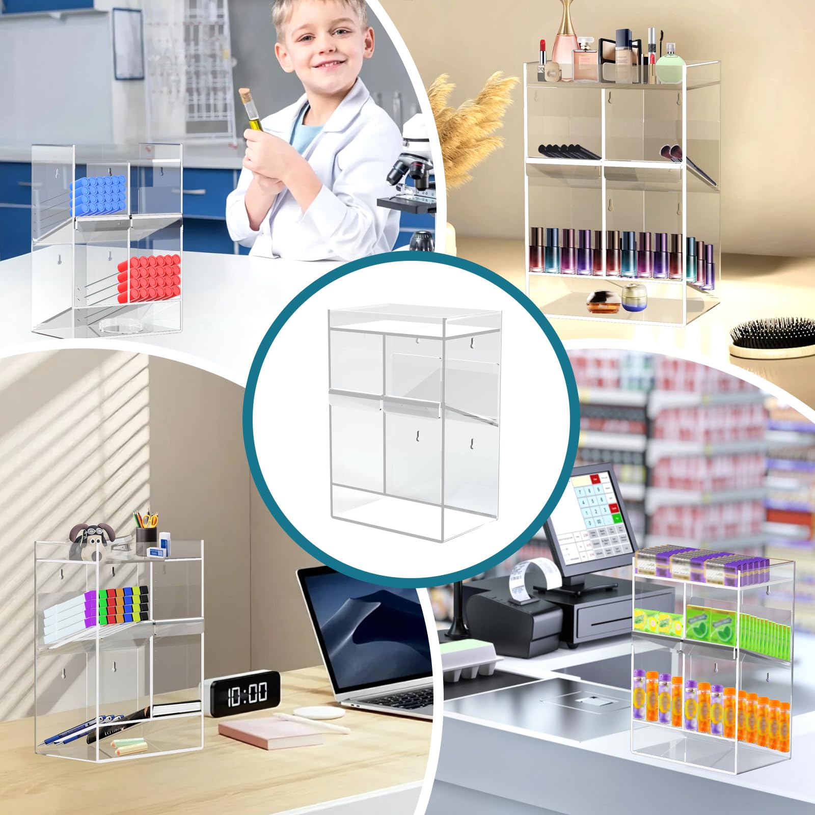 Estante acrílico para tubos de ensayo, soporte organizador transparente con 4 compartimentos, almacenamiento inferior adicional y 2 bandejas extraíbles, montaje en pared o encimera para laboratorio