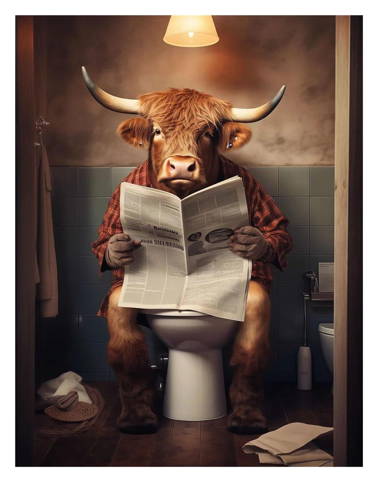 XENITE Wall Art Canvas Prints Funny Animal Rabbit Giraffe Frog Sitting On The Toilet Reading Newspaper Canvas Painting Poster Prints Wall Art Pictures Home Decor(H,50x70cm)