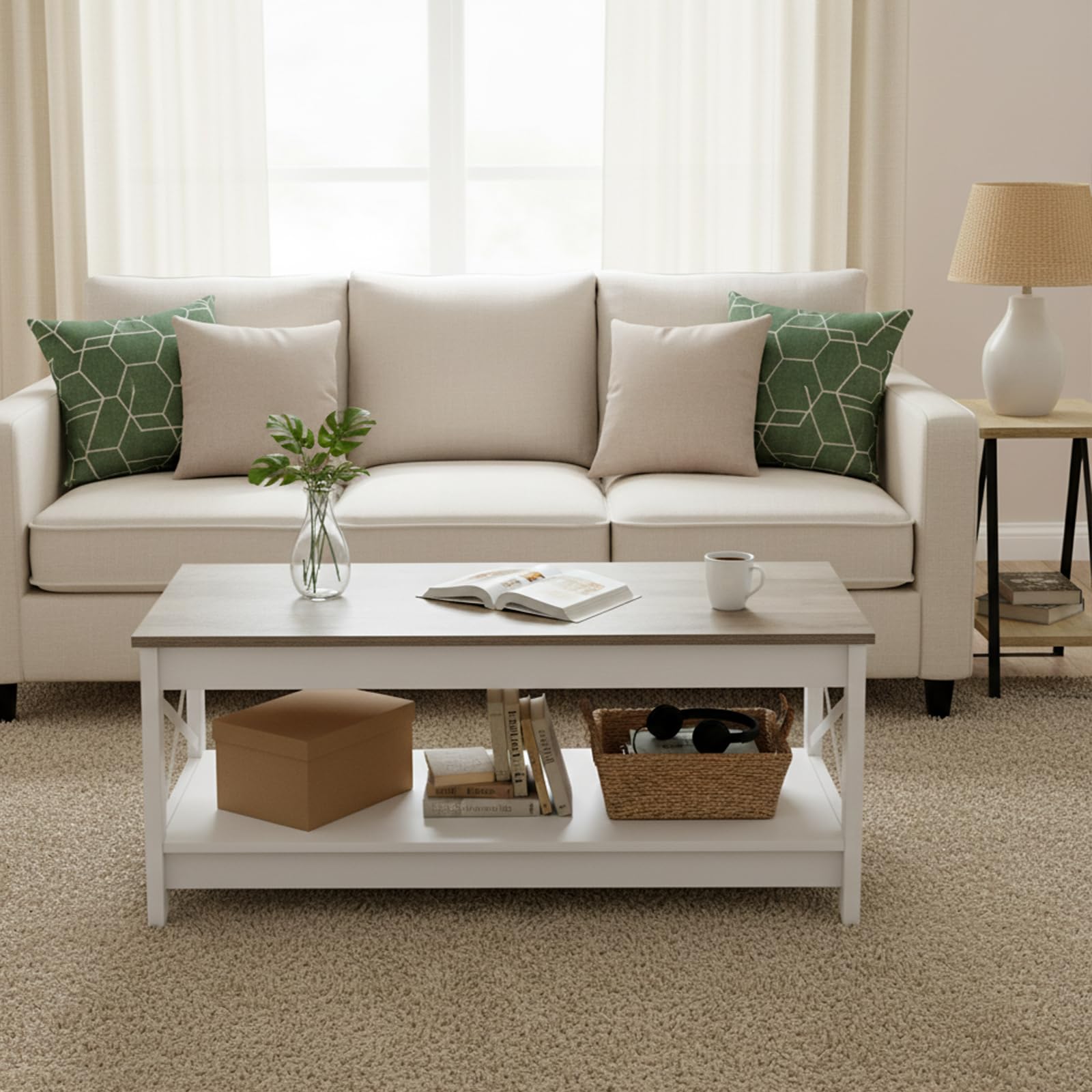 buybyroom Mesa de salón, mesa de salón, mesa de café de 2 pisos, estilo rústico, con espacio de almacenamiento, para dormitorio, salón, entrada, mesa de café, color blanco