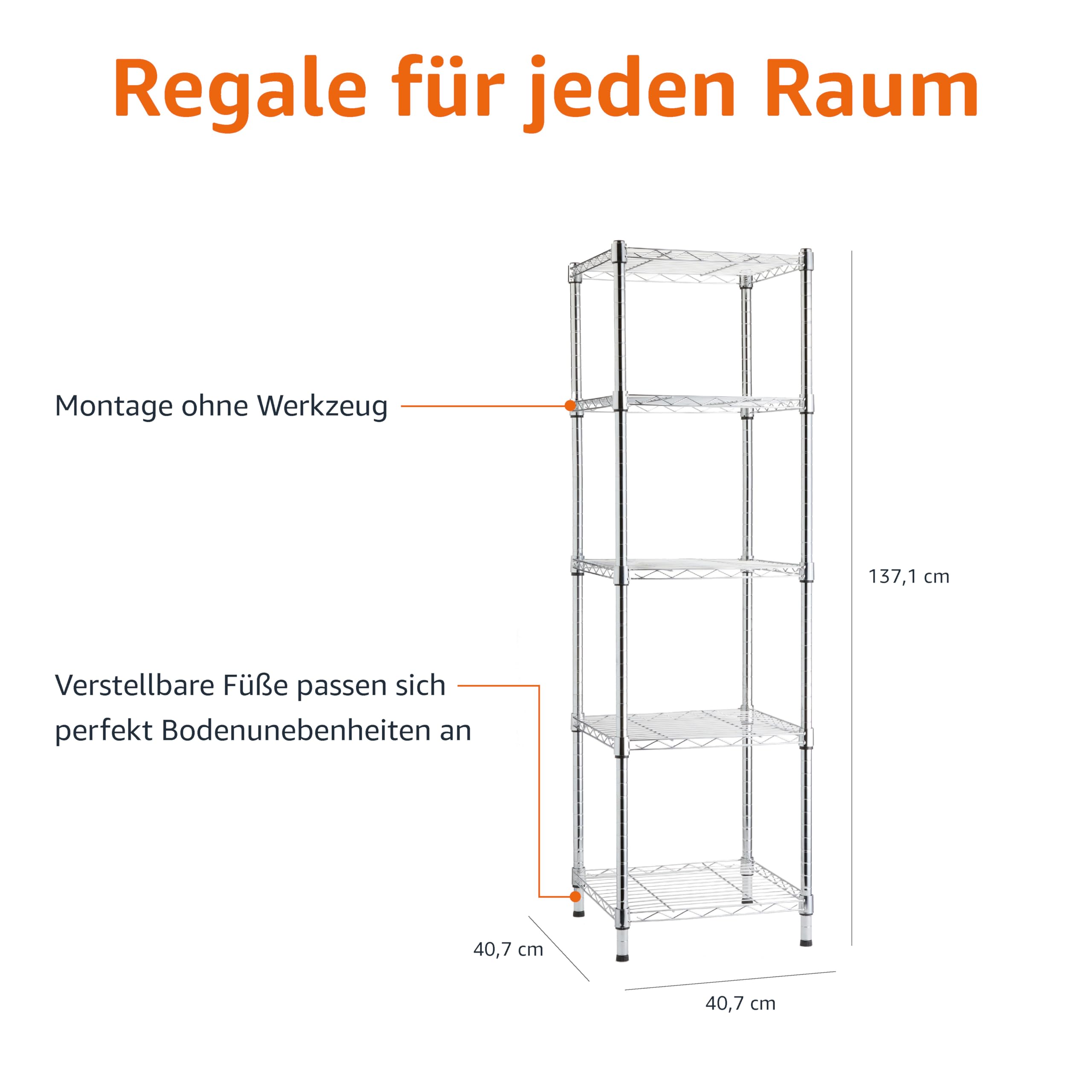 Amazon Basics Verstellbares Turmregal mit 5 Regalböden, Lagereinheit, Chrom, 40.6 x 40.6 x 137.2 cm (T x B x H)