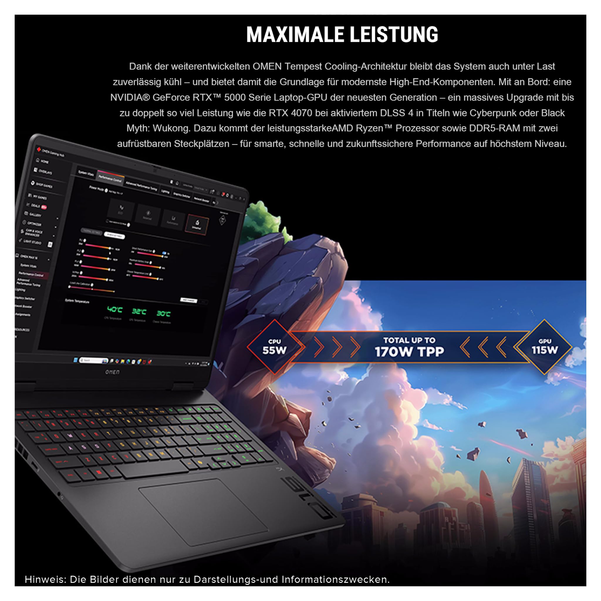 HP Omen 16 Gaming Laptop, AMD Ryzen 9-8940HX, 32 GB DDR5 RAM, 2 TB PCIe SSD, 16" (1920x1200) IPS 144Hz Display, Nvidia G-Force RTX 5060, 4-Zone RGB QWERTZ Tastatur, Windows 11 Pro, Shadow Black