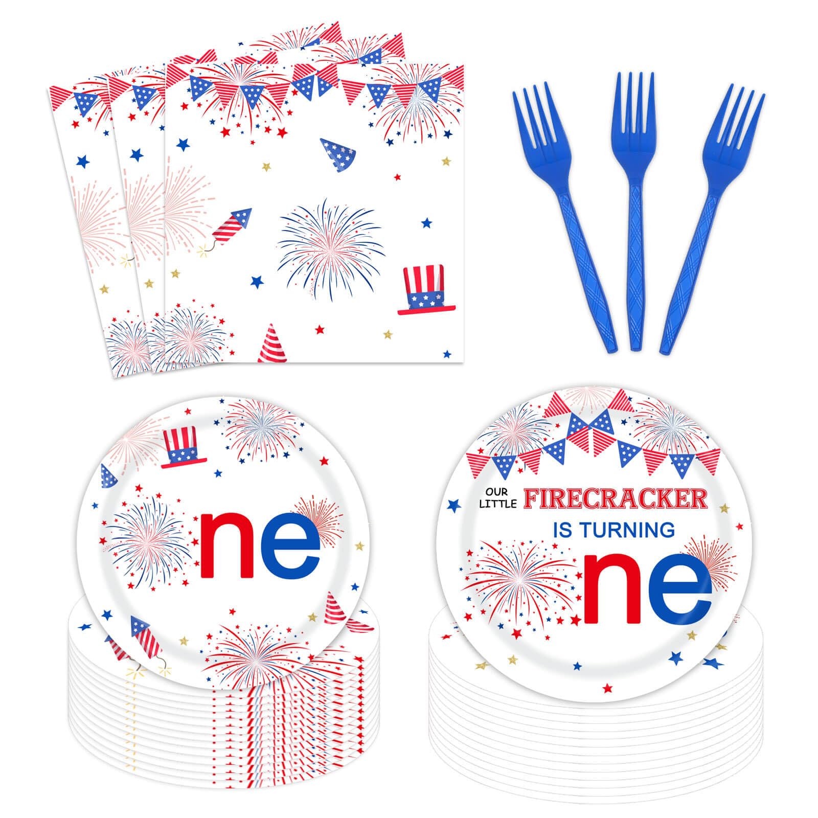 Aysimple96 Pcs Little Firecracker Birthday Party Decorations 4th of July 1st Birthday Party Tableware Set Independence Day Patriotic 1st Birthday Disposable Party Plates Napkins Forks for 24 Guests