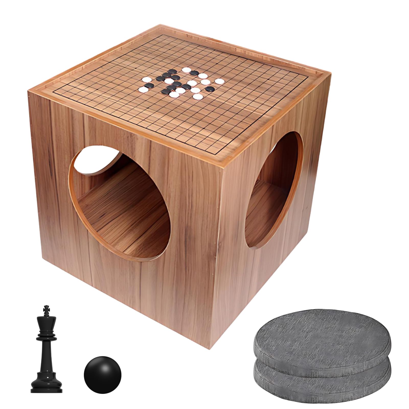 UPLTOE 2-in-1 Chess and Go Table Set, Double-Sided Chess Go Table, Wooden Chessboard 454×454mm (17.87 × 17.87 in), 4-Sided Circular Storage for Pieces, Remote, Books, for Family Board Games C