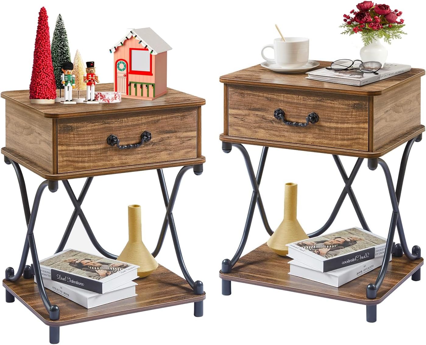 VECELO Nightstands Set of 2 with Drawer for Bedroom, Endtable Bedside Table with Storage & Open Shelf for Living Room, Brown