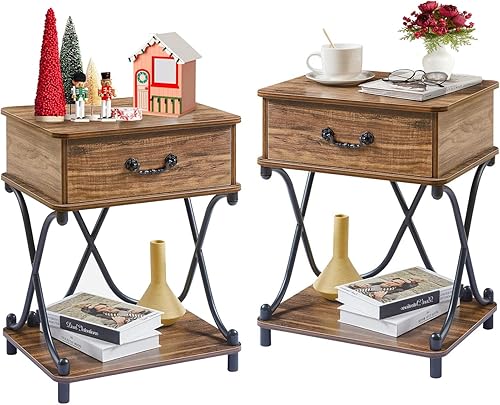 Miniatura 8 de VECELO Mesitas de noche con cajón para dormitorio, mesita de noche con almacenamiento y estante abierto para sala de estar, marrón Marrón,Mate