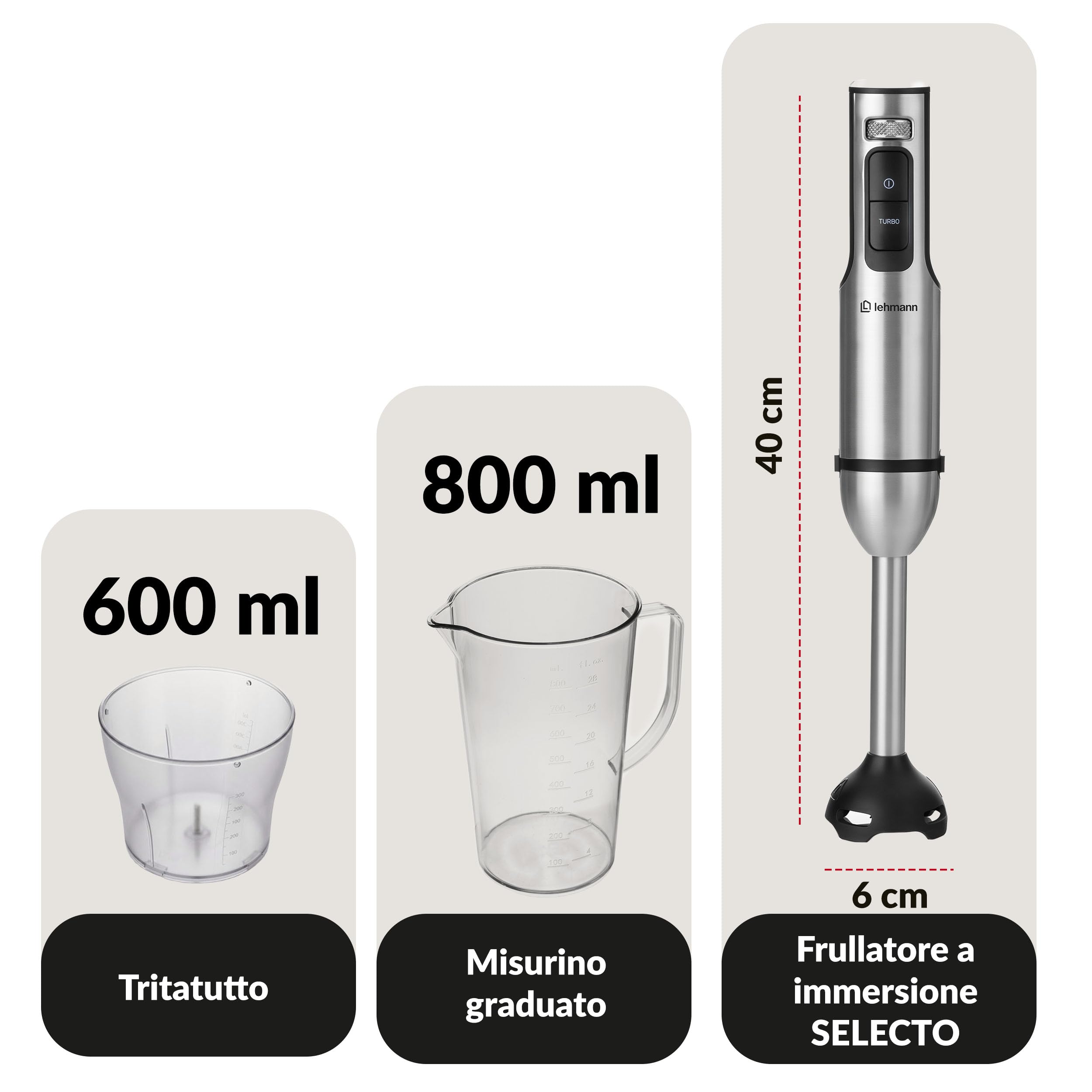 LEHMANN Set Frullatore a Immersione Multifunzione 6 in 1 con Supporto, 2000 W, 12 Velocità e Turbo, 7 Accessori, Bicchiere 800 ml e Tritatutto 600 ml, Display con Velocità visibile, senza BPA