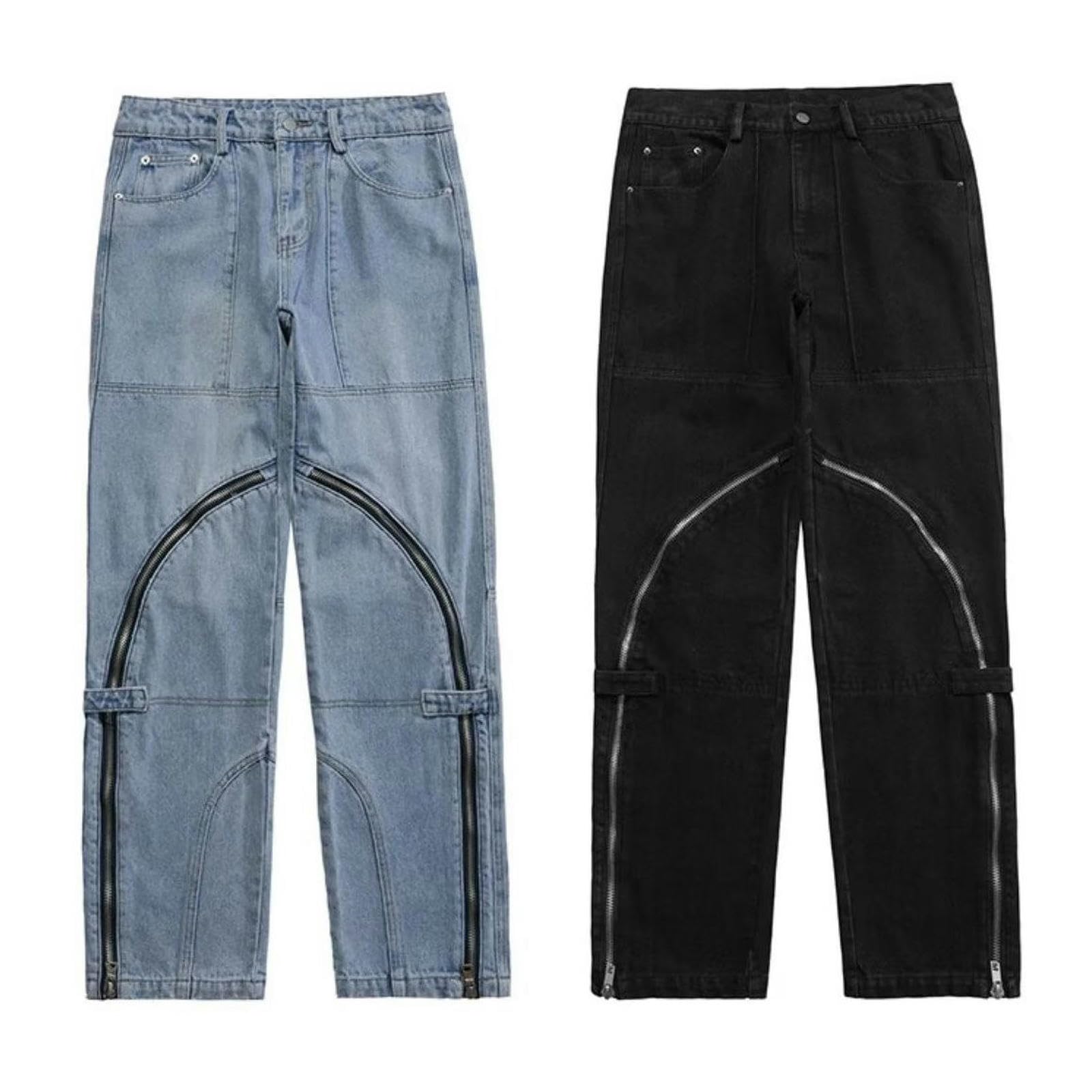 Jeans Neri Svasati Larghi con Cerniera, Pantaloni Unisex - Nero - XXL
