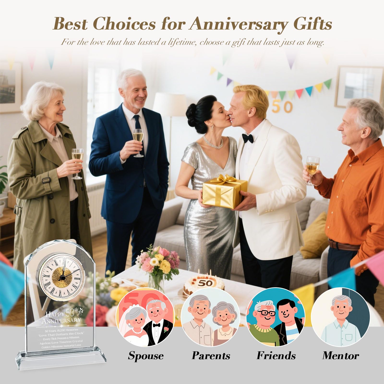 Gleecosy 50th Clock for Couples & Parents - Golden Wedding with Custom Engraving, Silent Quartz Desk Clock for 50 Year Milestone Decor