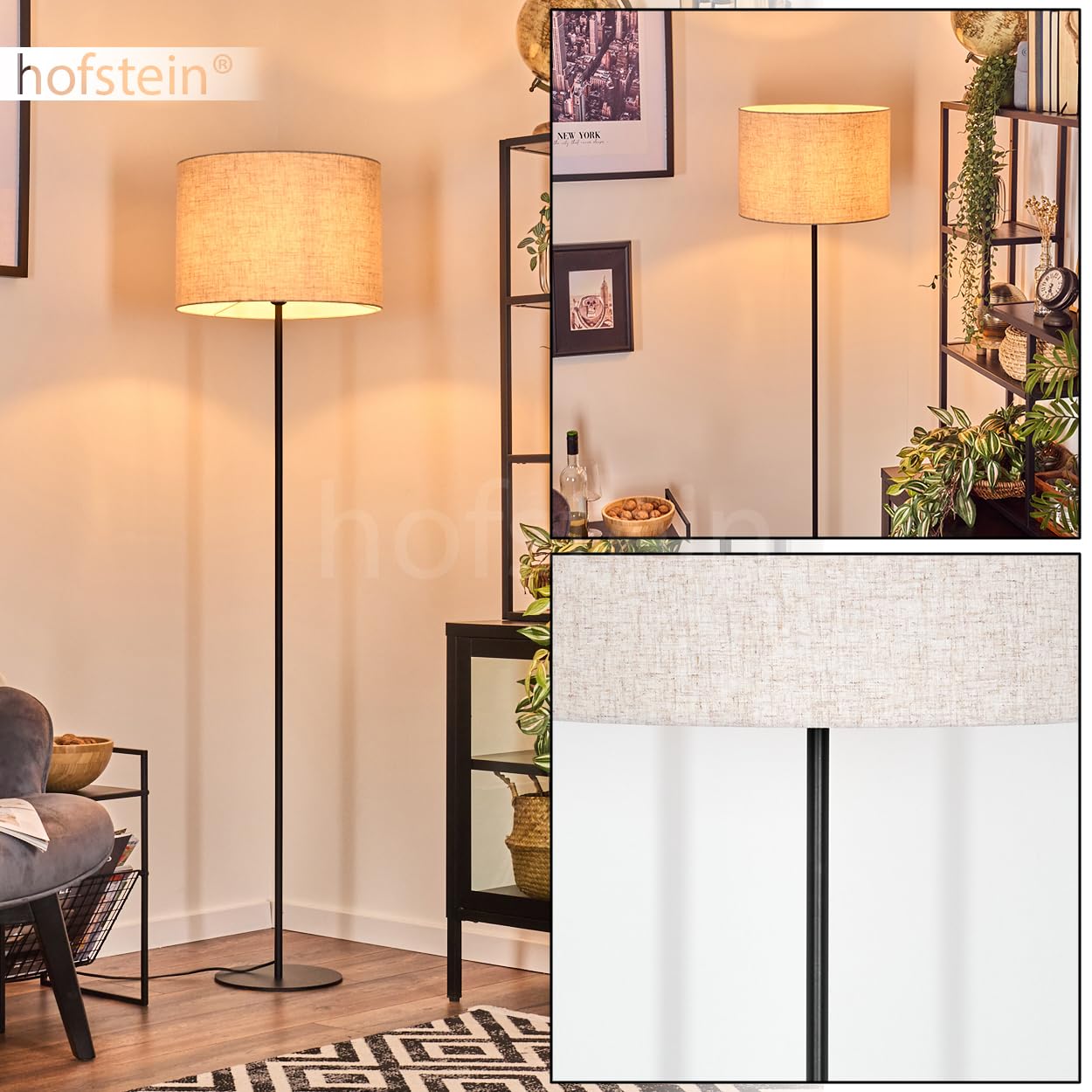 Stehleuchte Bassagoda, Stehlampe aus Metall/Stoff in Schwarz/Beige, Leuchte im skandinavischen Design mit rundem Schirm (Ø 40 cm) u. Fußschalter, Höhe 158 cm, 1 x E27, ohne Leuchtmittel
