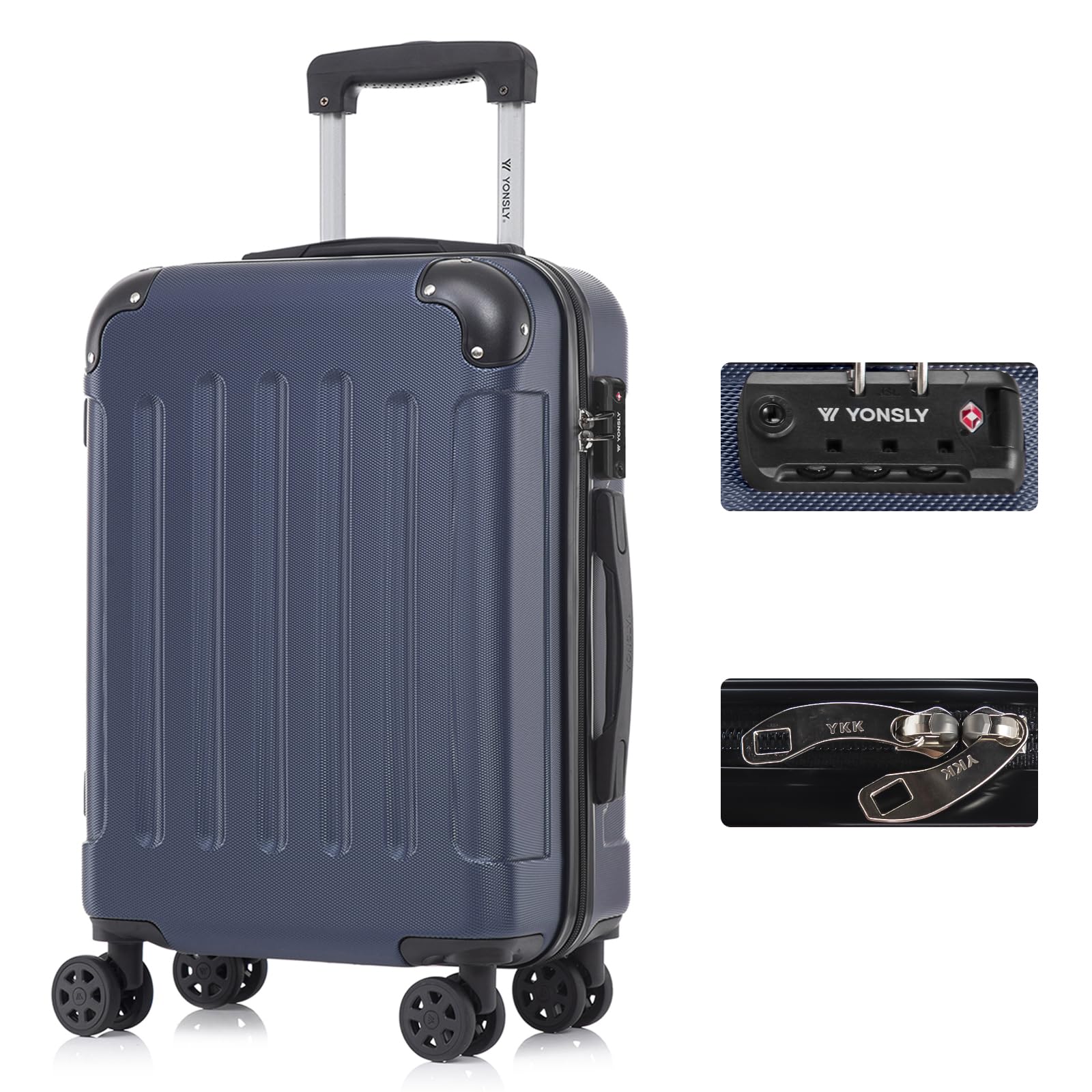 YONSLY Premium Reisekoffer TSA-Schloss,YKK-Reißverschluss Hartschalen-Koffer Trolley Kabinenkoffer Rollkoffer Suitcase Handgepäck 4 Rollen (Dunkelblau, M)