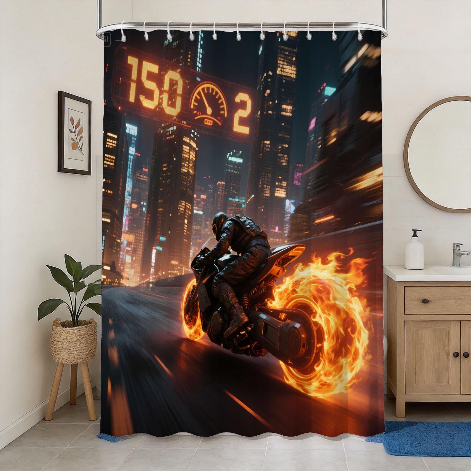Hongduo 3D Flame Motorcycle Shower Curtain for Stalls Bathtubs Riding Bathroom Decor Shower Curtain Set Polyester Fabric Waterproof 200x200cm/79X79 Inch with Hooks