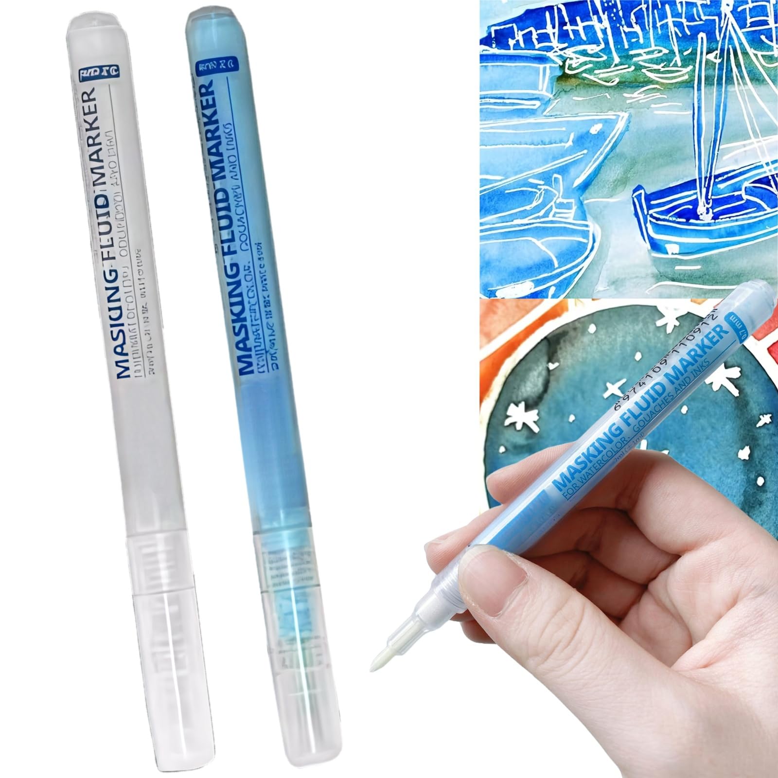 2Pcs Masking Fluid Pen Set for Watercolour Painting, Art Supplies with 0.7mm Precision Tip, Masking Fluid Marker Pen for Adults Arts and Crafts, Drawing Pens and Watercolor Art Pens#White & Blue