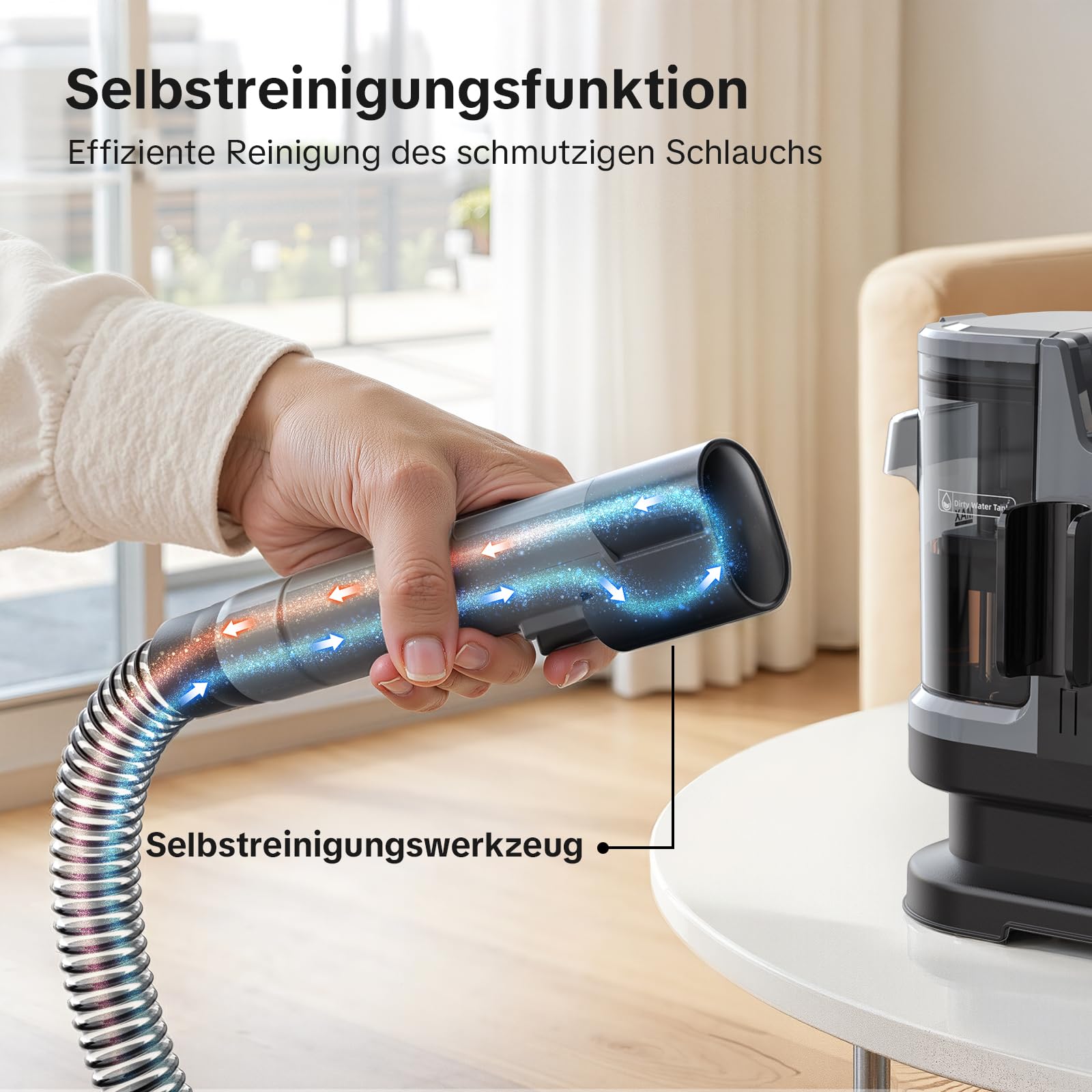 Lubluelu Lubluelu Wet Vacuum Upholstery Cleaner Device, 600 W - 18 kPa Carpet Cleaner, Washing Vacuum Cleaner, Portable Carpet Cleaning Device with Self-Cleaning and Long Hose for Carpets, Sofas & Car in use
