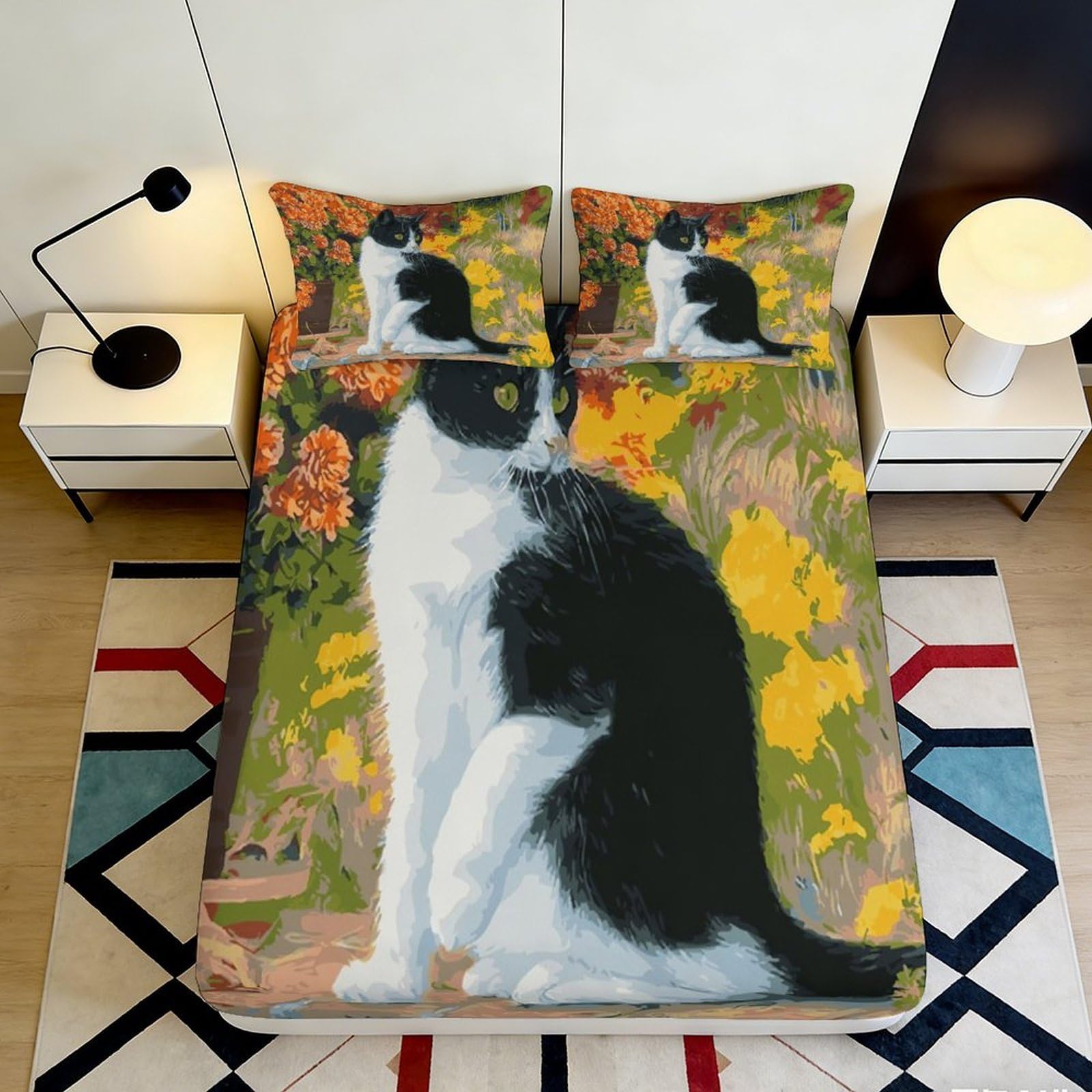 3D Printed Floral Cat Fitted Sheet Microfiber Deep Pocket Bedroom Bedding Flower Cat Mattress Fitted Cover Non-Slip Machine Washable 90x200x25cm