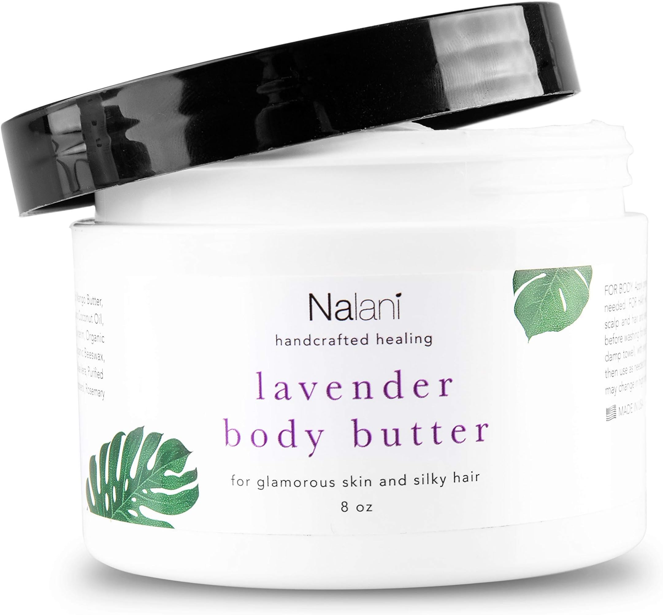Nalani Organic Shea Body Butter Lotion: 2-in-1 Moisturizing Cream for Skin and Hair Care - All Natural Moisturizer and Hair Mask with Natural Mango Butter, Coconut Oil, and Raw Honey - Lavender, 8 Oz