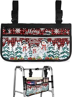 Christmas Snowman Wheelchair Side Bag Walker Bag, Xmas Tree Snowflake Red Plaid Wheelchair Accessories Armrest Pouch, Organizer Storage Bag for Walkers, Rollators, Scooters, 7.3'x13'