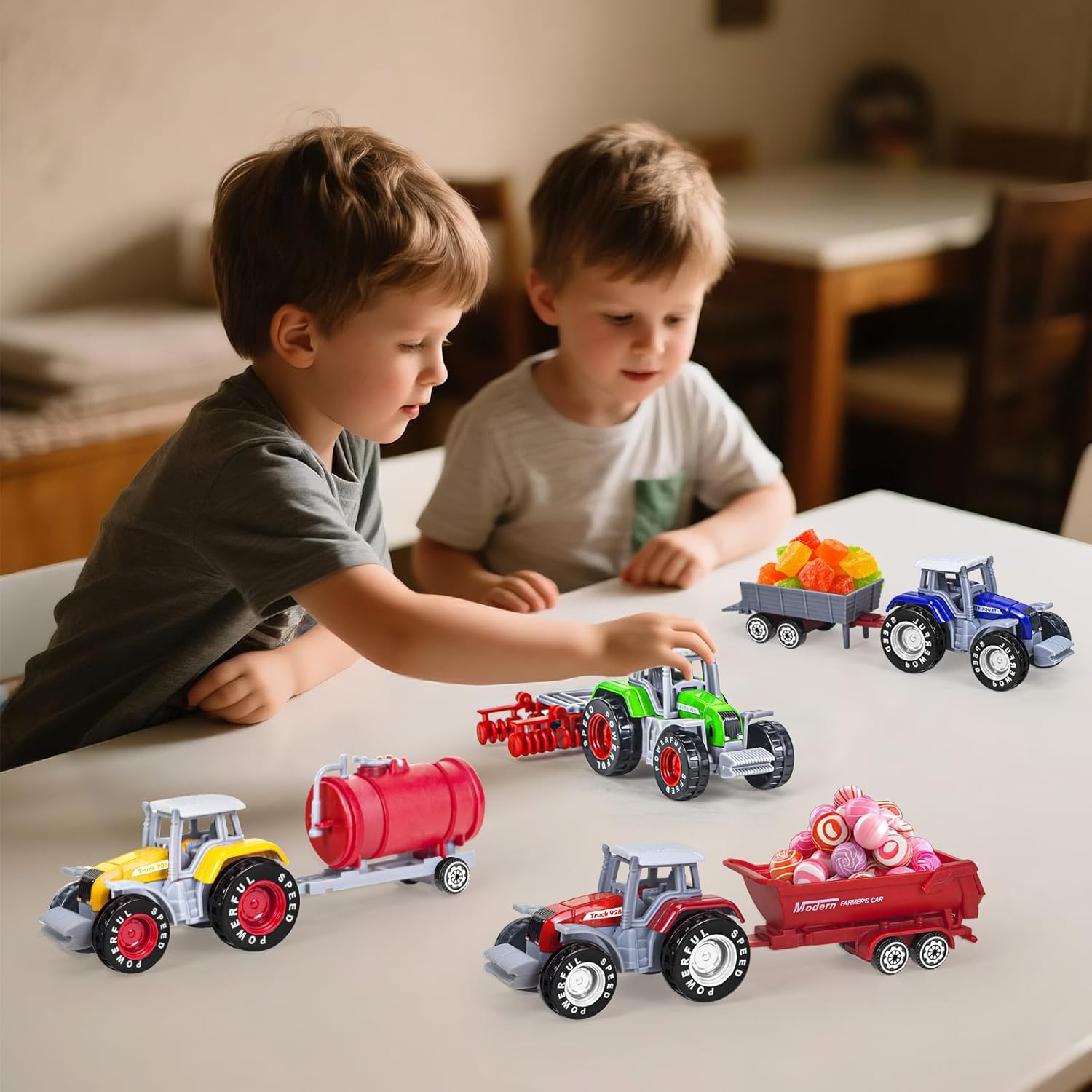 4-Pack Farm Tractor Toys with Trailers – Child-Safe Plastic Diecast Detachable Alloy Tractors & Trucks for Kids, Perfect for Boys Ages 3-8, Birthday Gift & Cake Toppers(4 Pack Red)