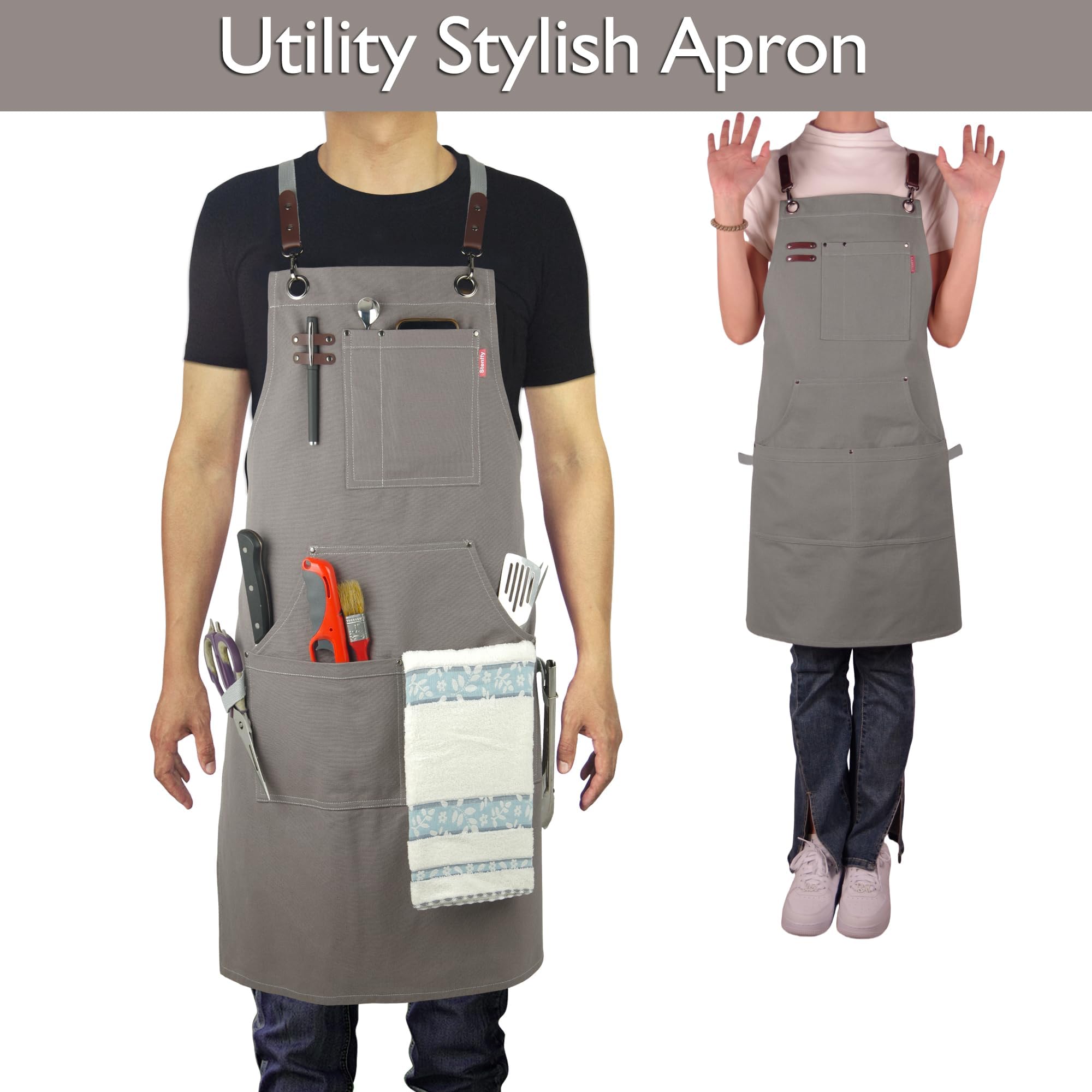 Stenffy Kitchen Apron, Work Apron, Canvas, Multiple Pockets, Gardening, Painting, BBQ, Carpenter, Artist, Sizes M to XXL,Dark Gray - Image 2