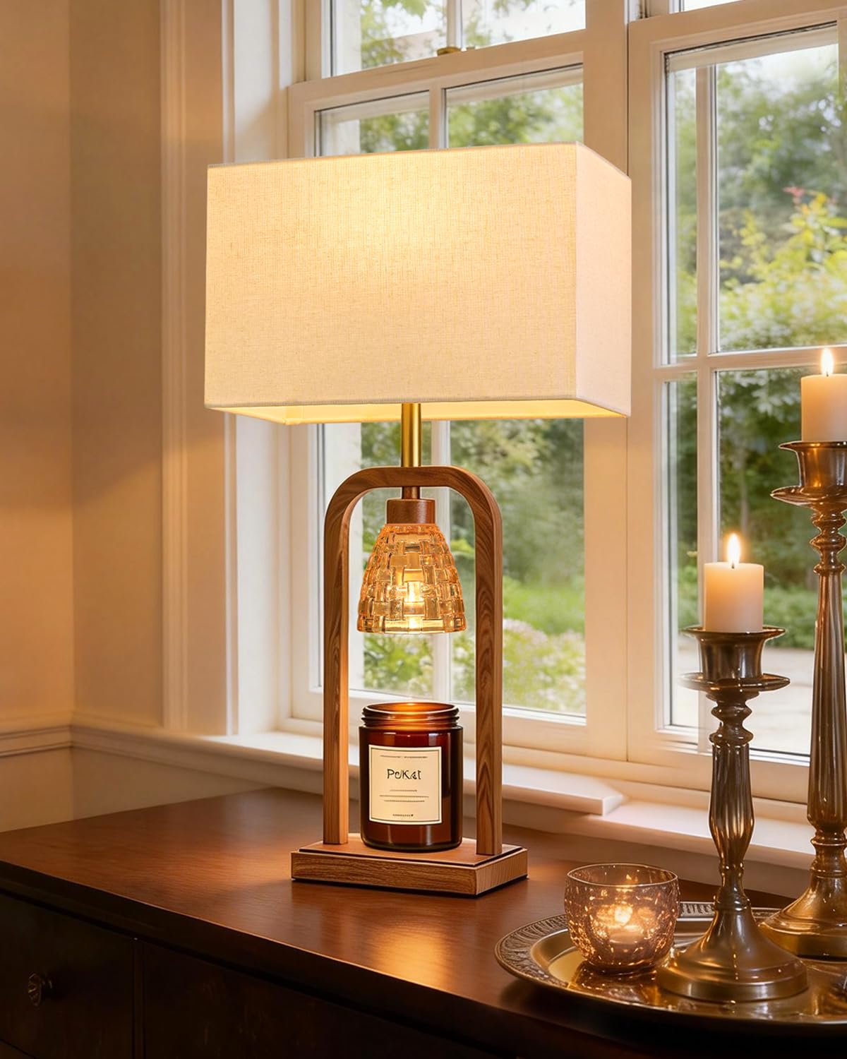 Photo 1 of PoKat Electric Candle Warmer Lamp Farmhouse, Wood-Like Candle Lamp Warmer with Timer Dimmer, Wax Light Warmer Lamp Jar Candles, Table Lamp House Warming New Home Decor for Bed Living Room