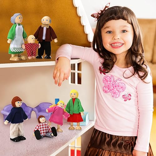 Miniatura 7 de Juego de 7 casas de muñecas de madera, mini figuras para juegos de simulación, accesorios clásicos para casa de muñecas para niños y niños pequeños