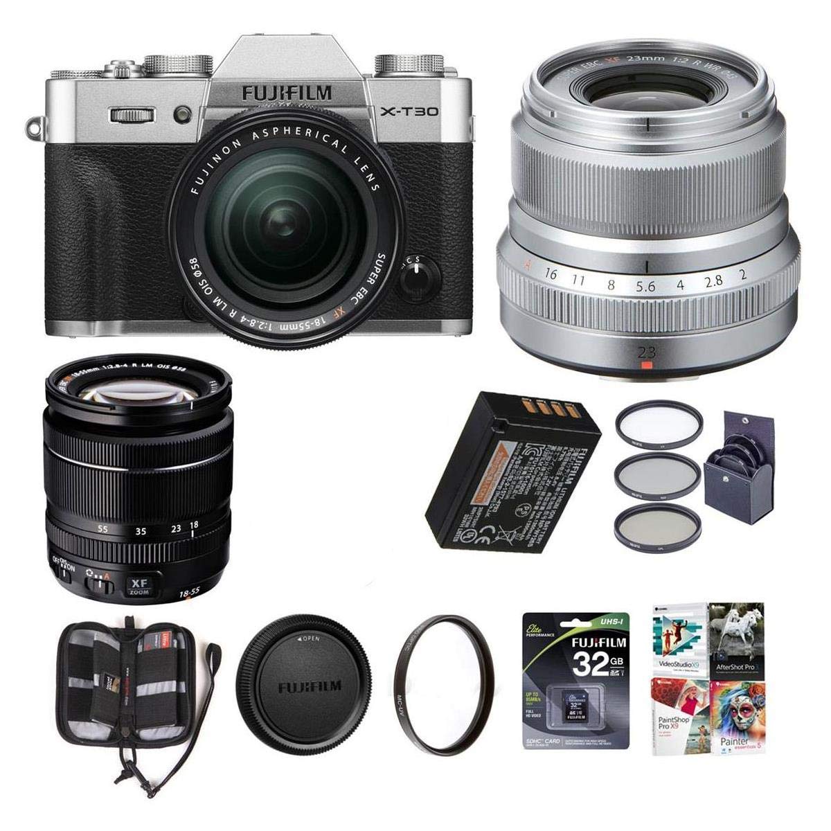 Fujifilm X-T30 Mirrorless Camera with XF 18-55mm f/2.8-4 R LM OIS Lens and XF 23mm (35mm) F/2R WR Lens, Silver - Bundle with 32GB SDHC Card, 58mm Filter Kit, 43mm UV Filter, Software Pack and More