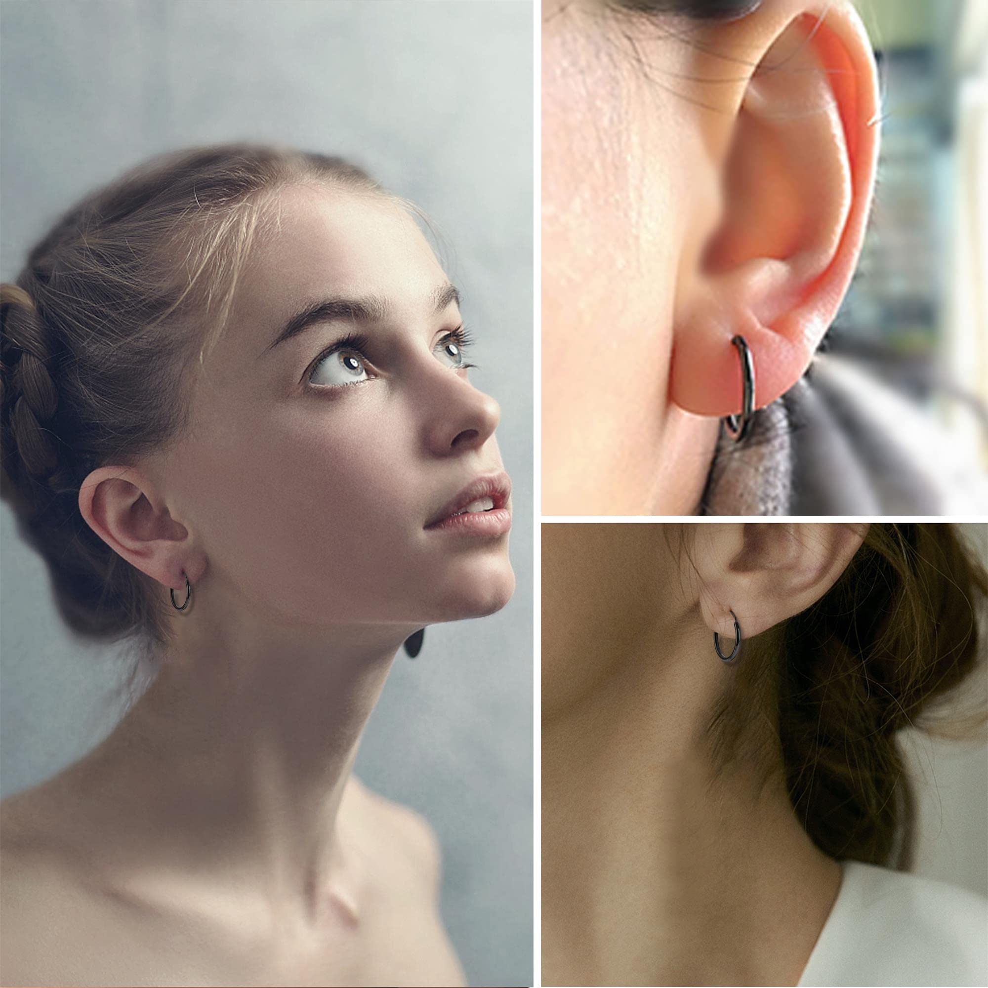 Juego de 3 pares de aretes de aro de acero inoxidable para mujeres y hombres, aretes de aro pequeños, color negro, plateado, dorado, aros ligeros de 10 a 0.787 in, Acero inoxidable, Circonia 5