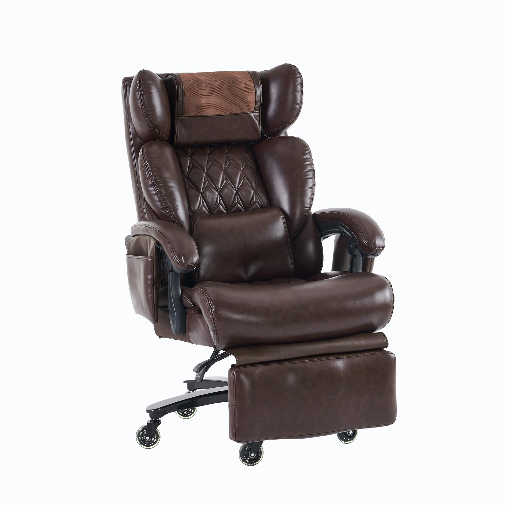Fotel szefa z funkcją masażu i ogrzewaniem, ergonomiczny fotel biurowy ze skóry PU z podnóżkiem, obracane o 360° krzesło biurowe z regulowanym oparciem, do 150 kg, do biura domowego i biura, brązowy