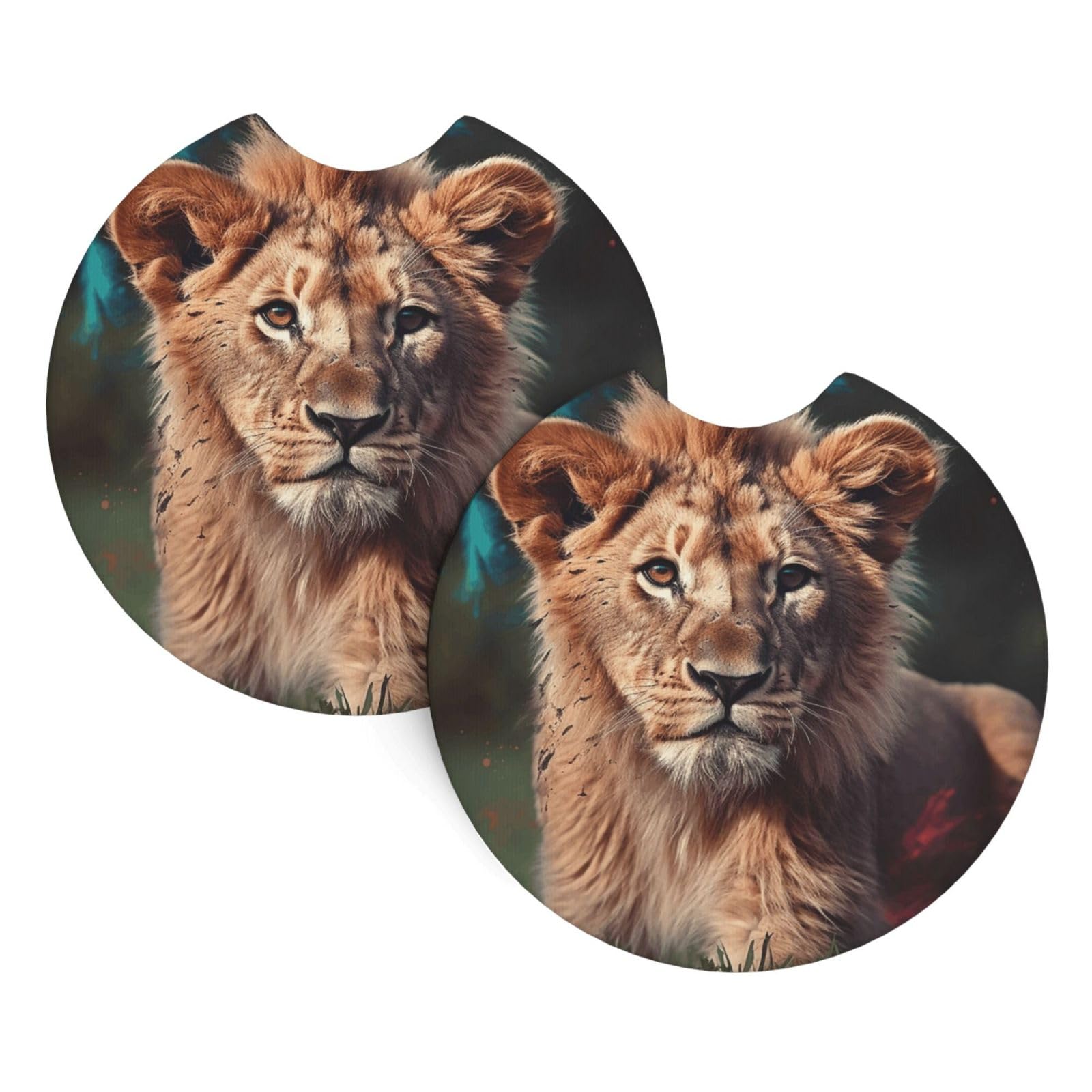 2PCS Car Coaster for Cup Holders Universal Auto Cup Mat Art Lion Cup Coaster Pad 2.7" Waterproof Neoprene Non-Slip Cup Holder Coasters Car Interior Accessories for Women Men