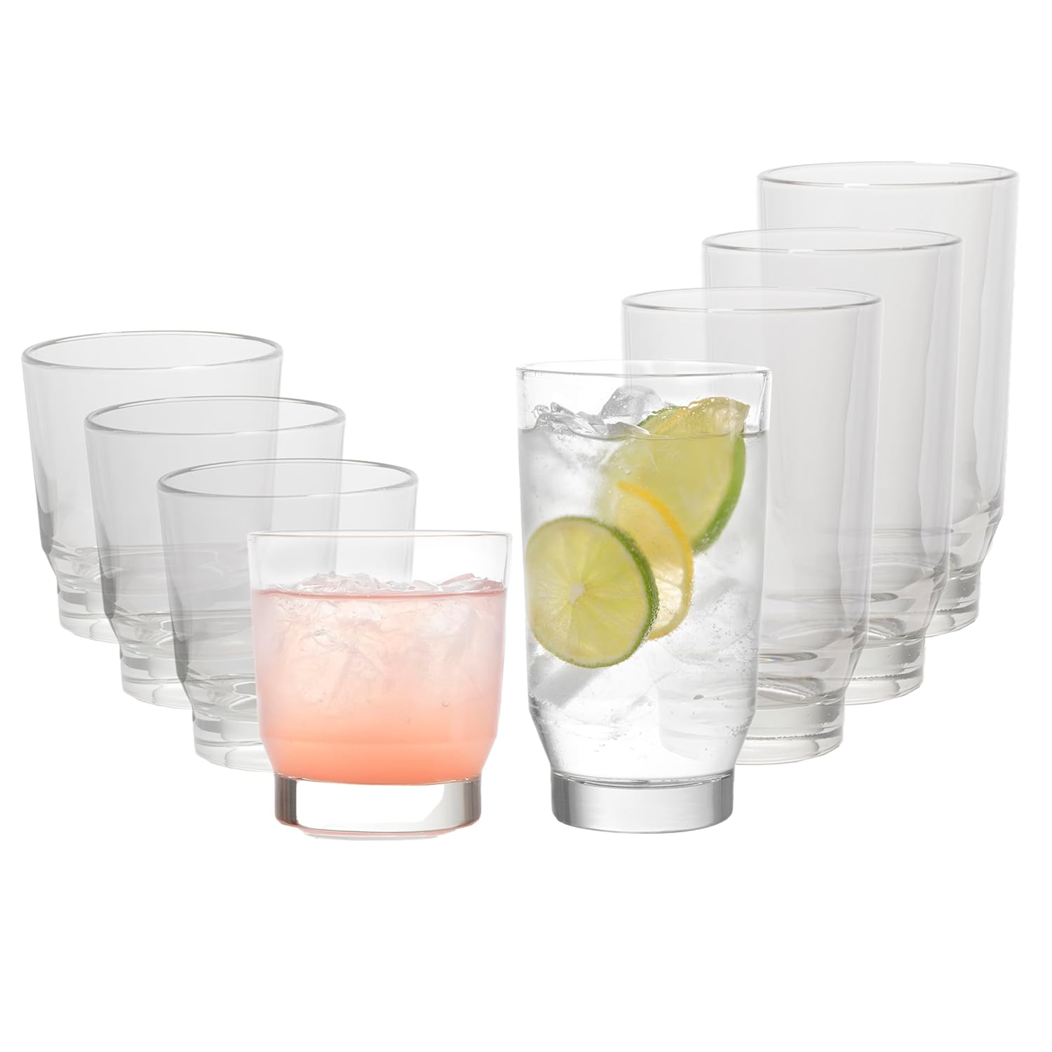 Libbey Merida Mixed Drinkware Set of 8 Merida Cooler Glass Tumblers and Double Old Fashioned Rocks Glass Set